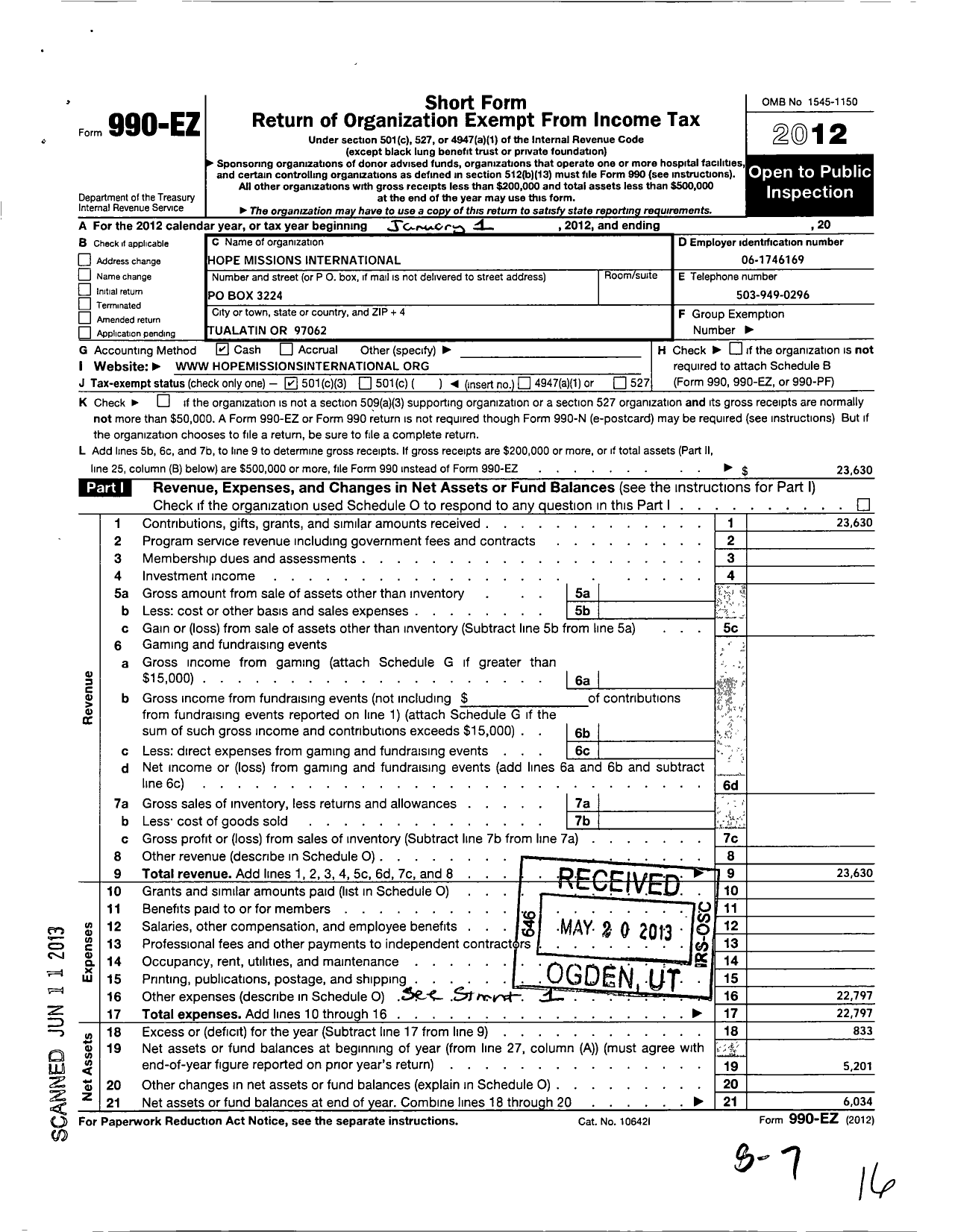 Image of first page of 2012 Form 990EZ for Hope Missions International