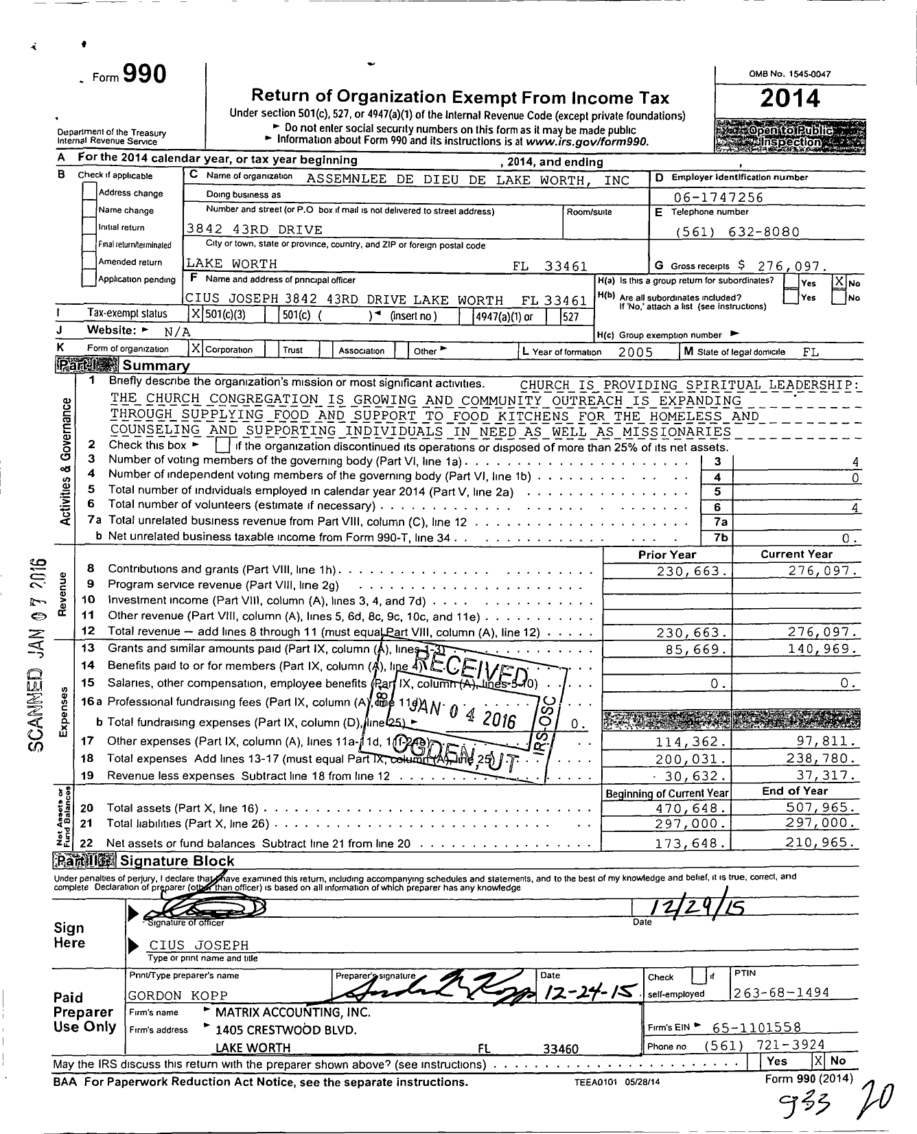 Image of first page of 2014 Form 990 for Assemnlee De Dieu De Lake Worth