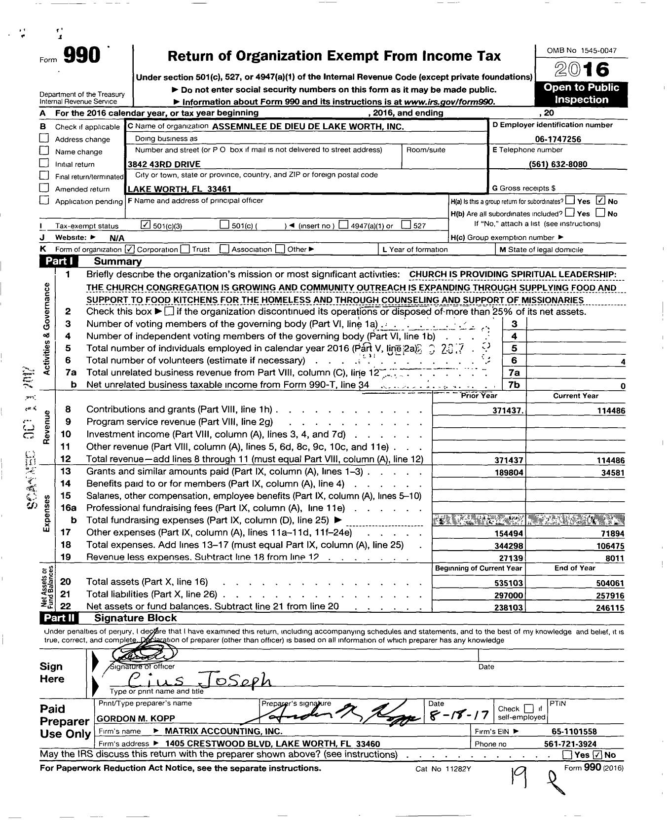 Image of first page of 2016 Form 990 for Assemnlee De Dieu De Lake Worth