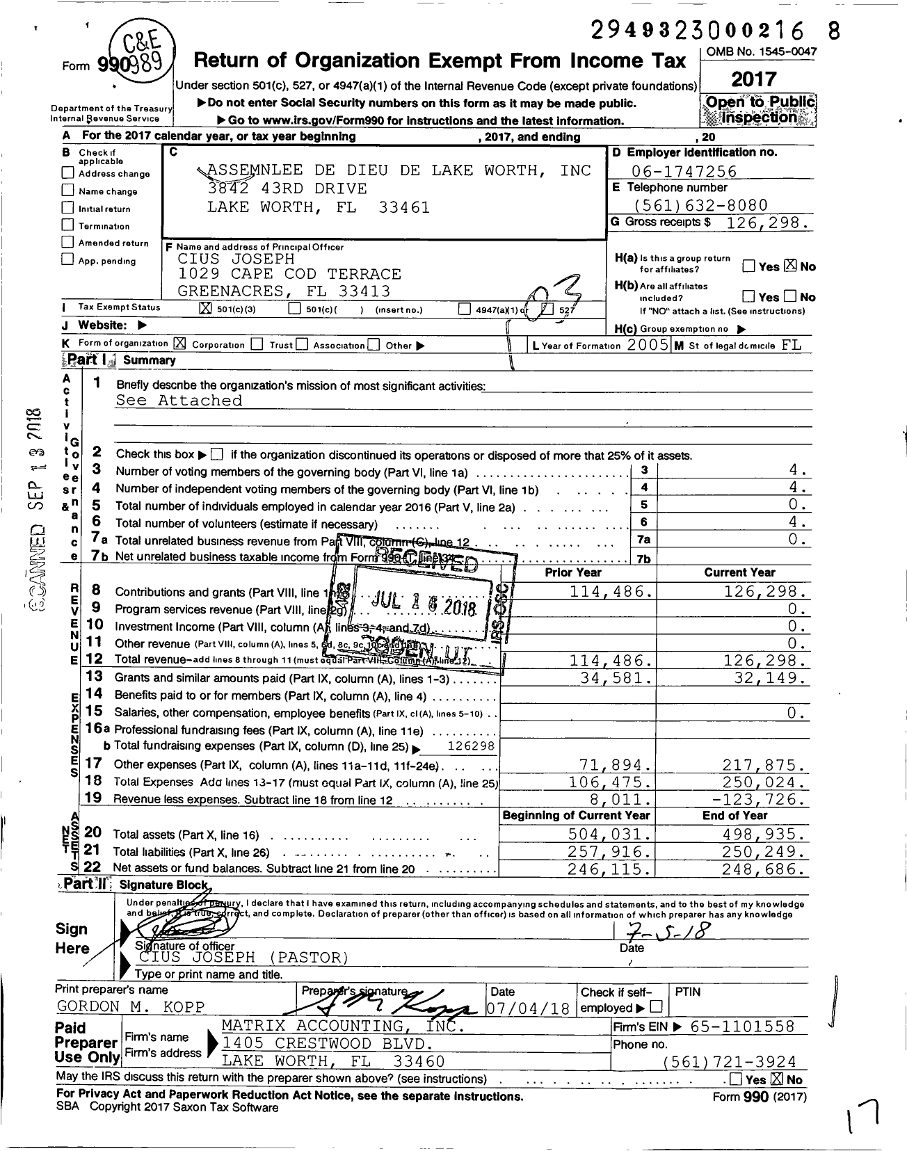 Image of first page of 2017 Form 990 for Assemnlee De Dieu De Lake Worth