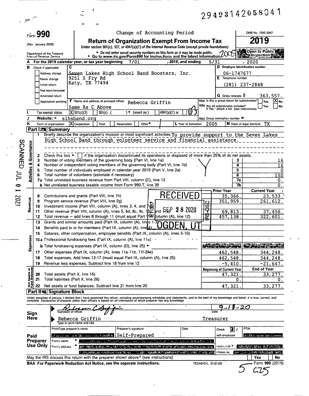 Image of first page of 2019 Form 990 for Seven Lakes High School Band Boosters