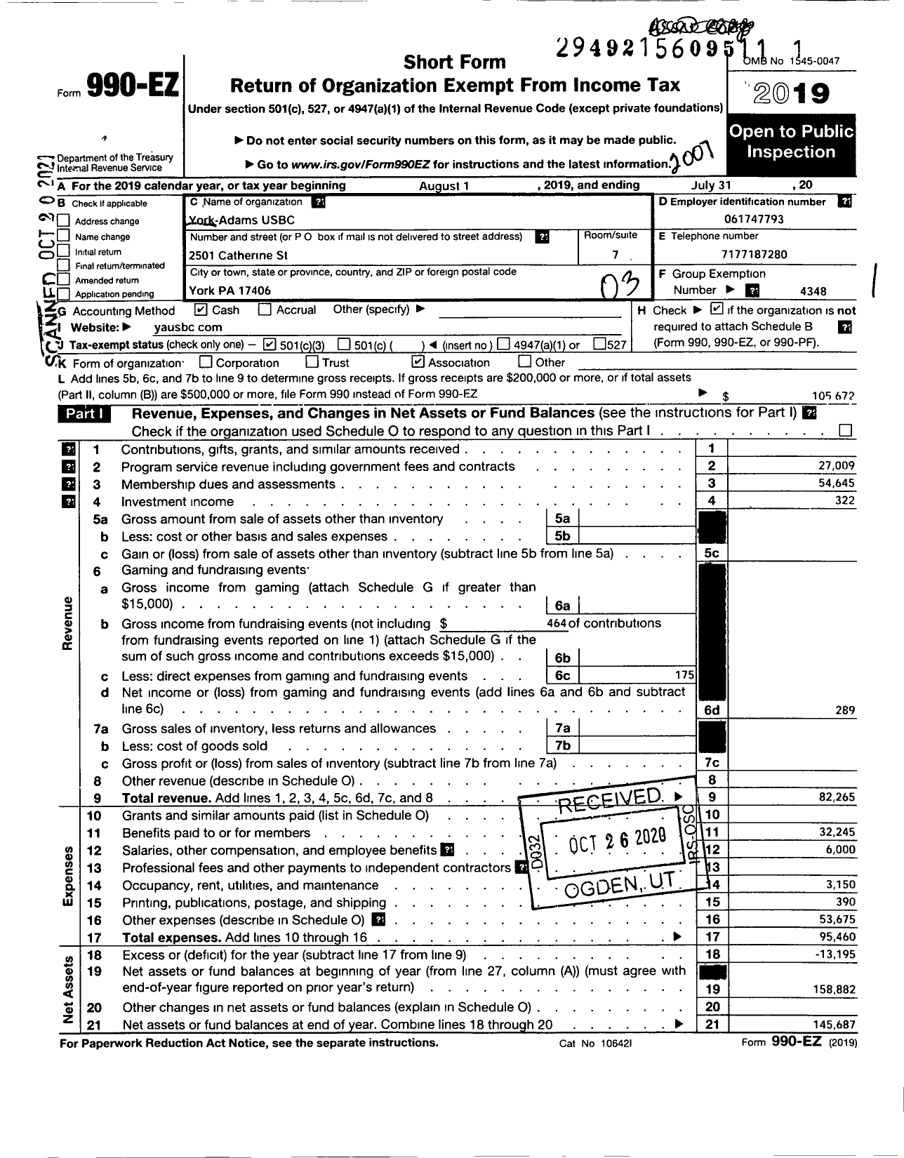 Image of first page of 2019 Form 990EZ for United States BOWLING CONGRESS - 86219 York-Adams USBC