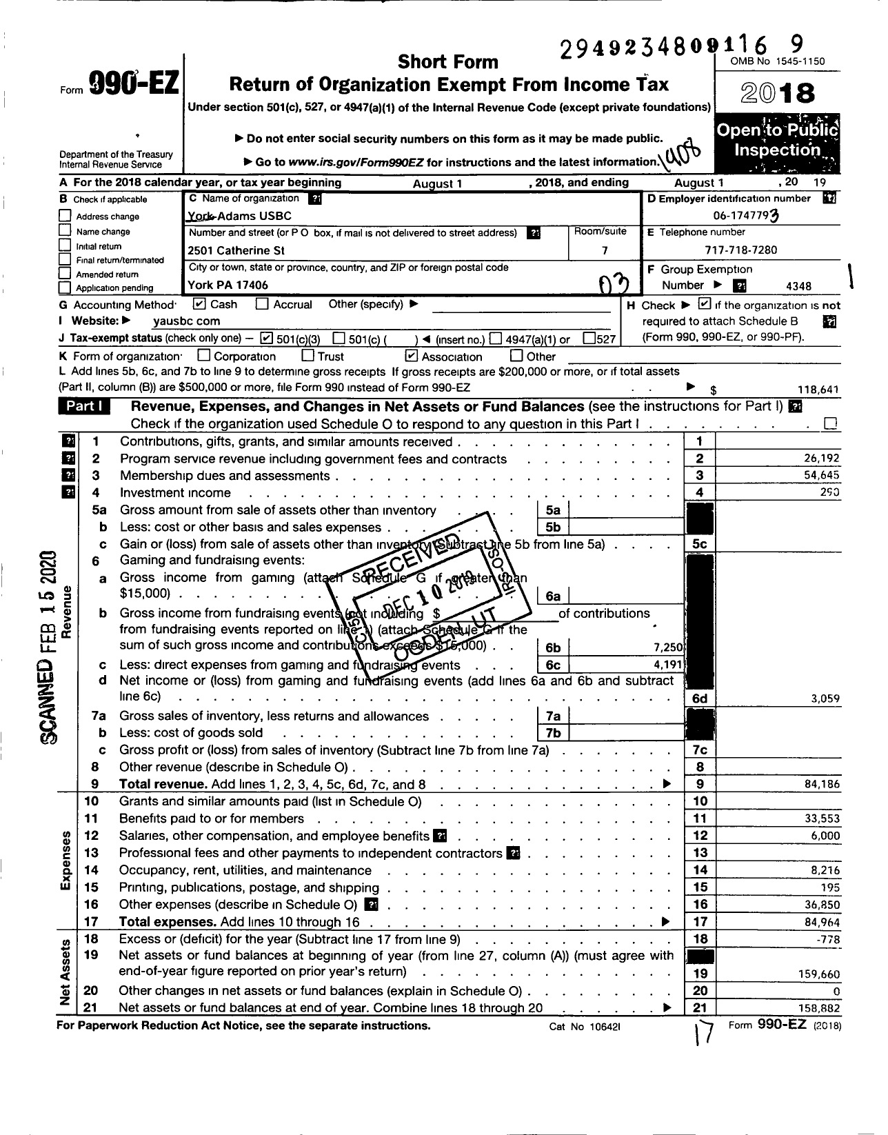 Image of first page of 2018 Form 990EZ for United States BOWLING CONGRESS - 86219 York-Adams USBC