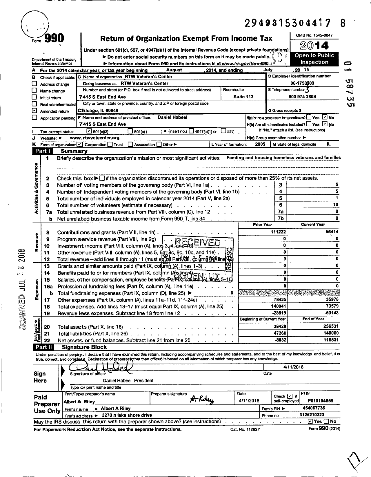 Image of first page of 2014 Form 990 for RTW Veteran Center