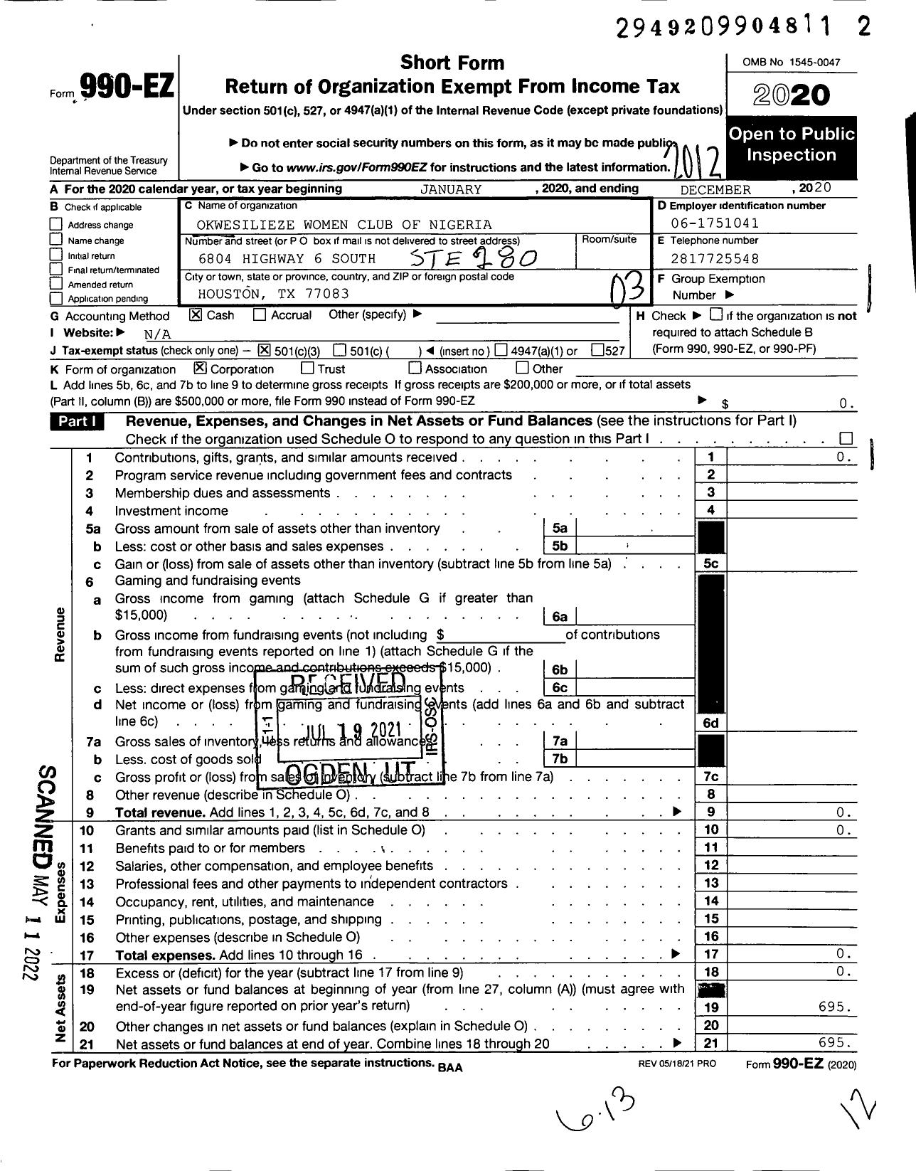 Image of first page of 2020 Form 990EZ for Okwesilieze Women Club