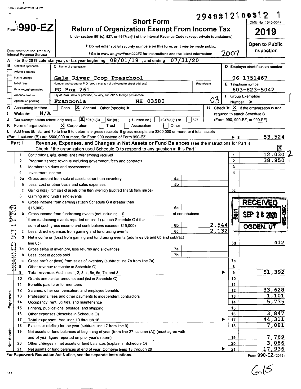 Image of first page of 2019 Form 990EZ for Gale River Coop Preschool