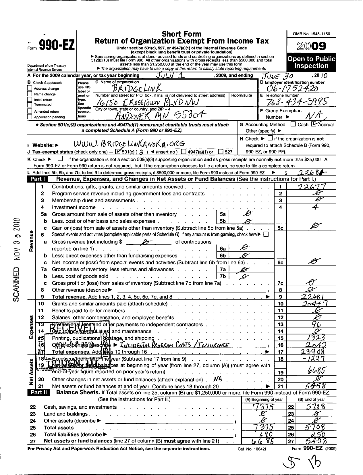 Image of first page of 2009 Form 990EZ for Bridgelink