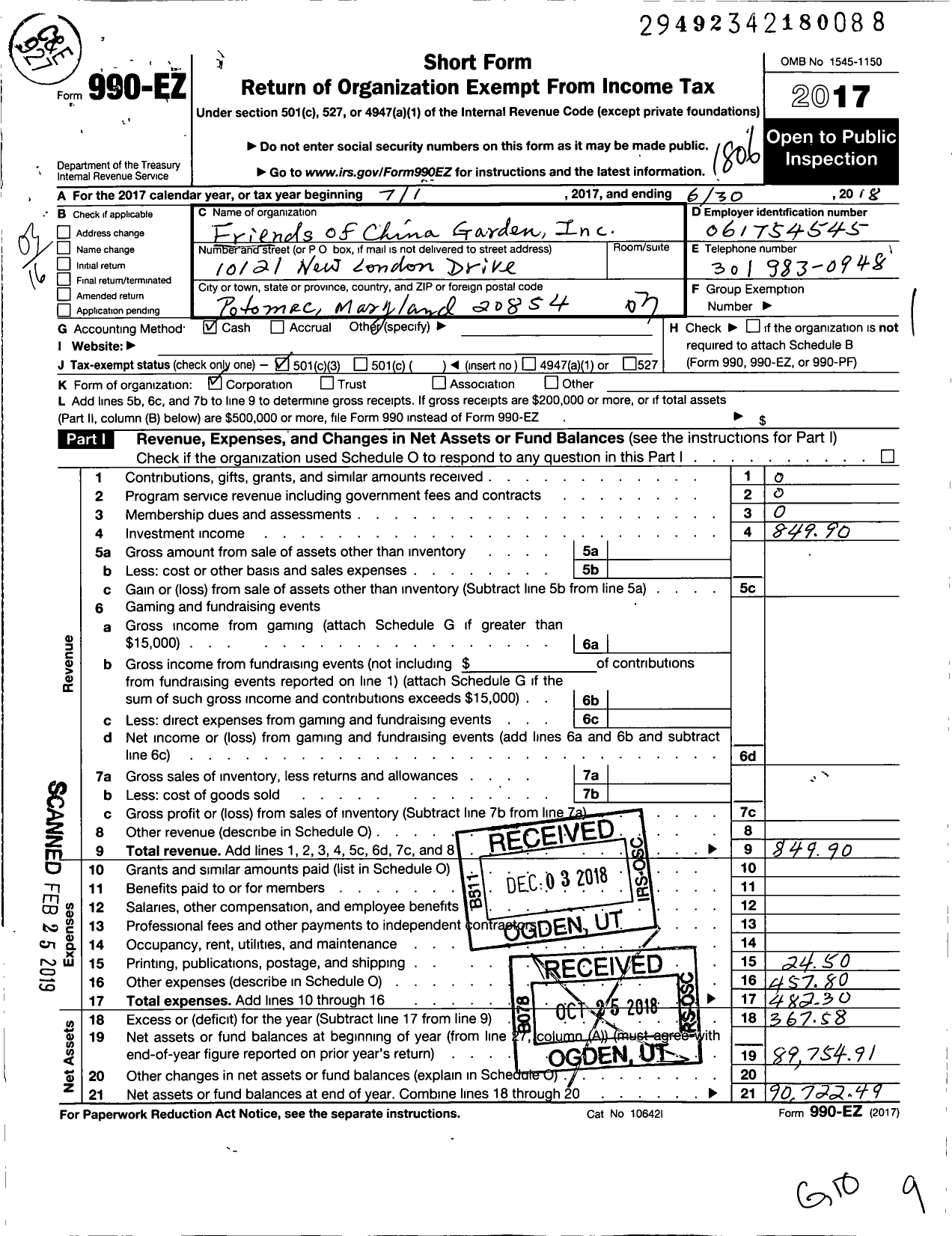 Image of first page of 2017 Form 990EZ for Friends of China Garden