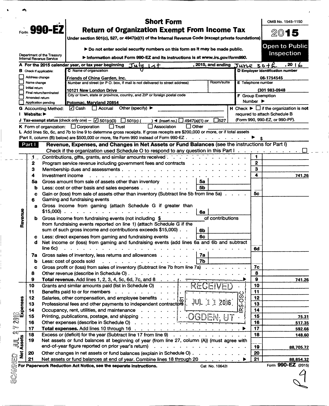 Image of first page of 2015 Form 990EZ for Friends of China Garden