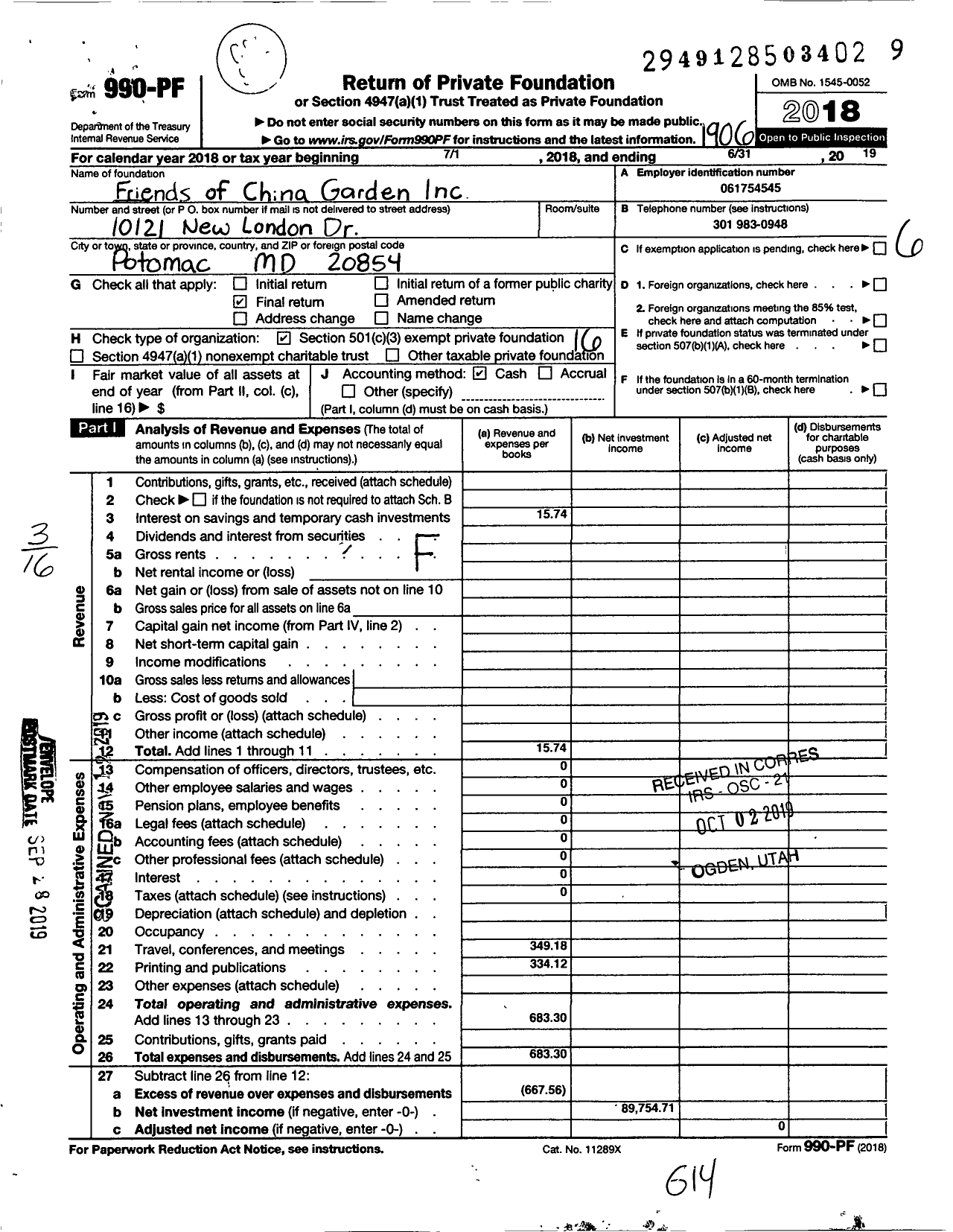 Image of first page of 2018 Form 990PF for Friends of China Garden