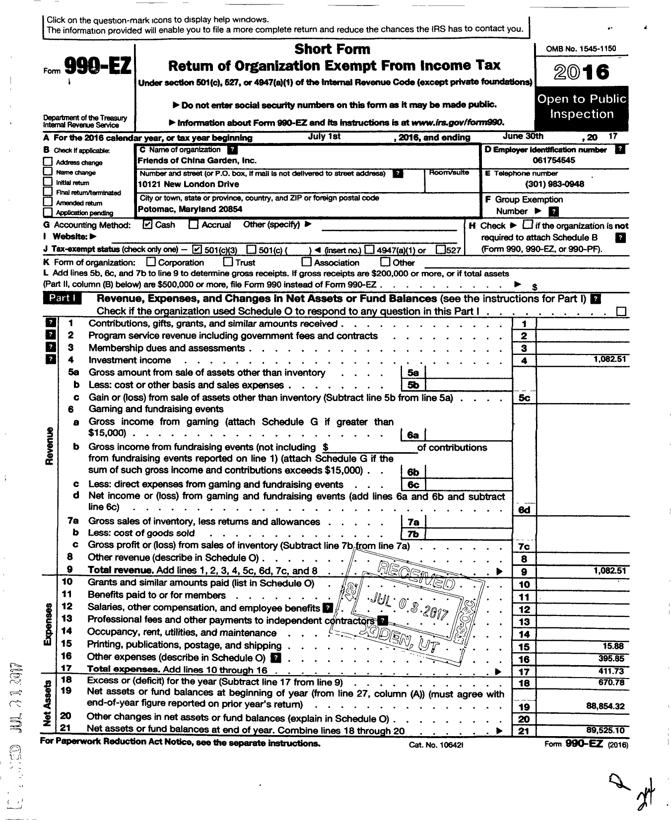 Image of first page of 2016 Form 990EZ for Friends of China Garden