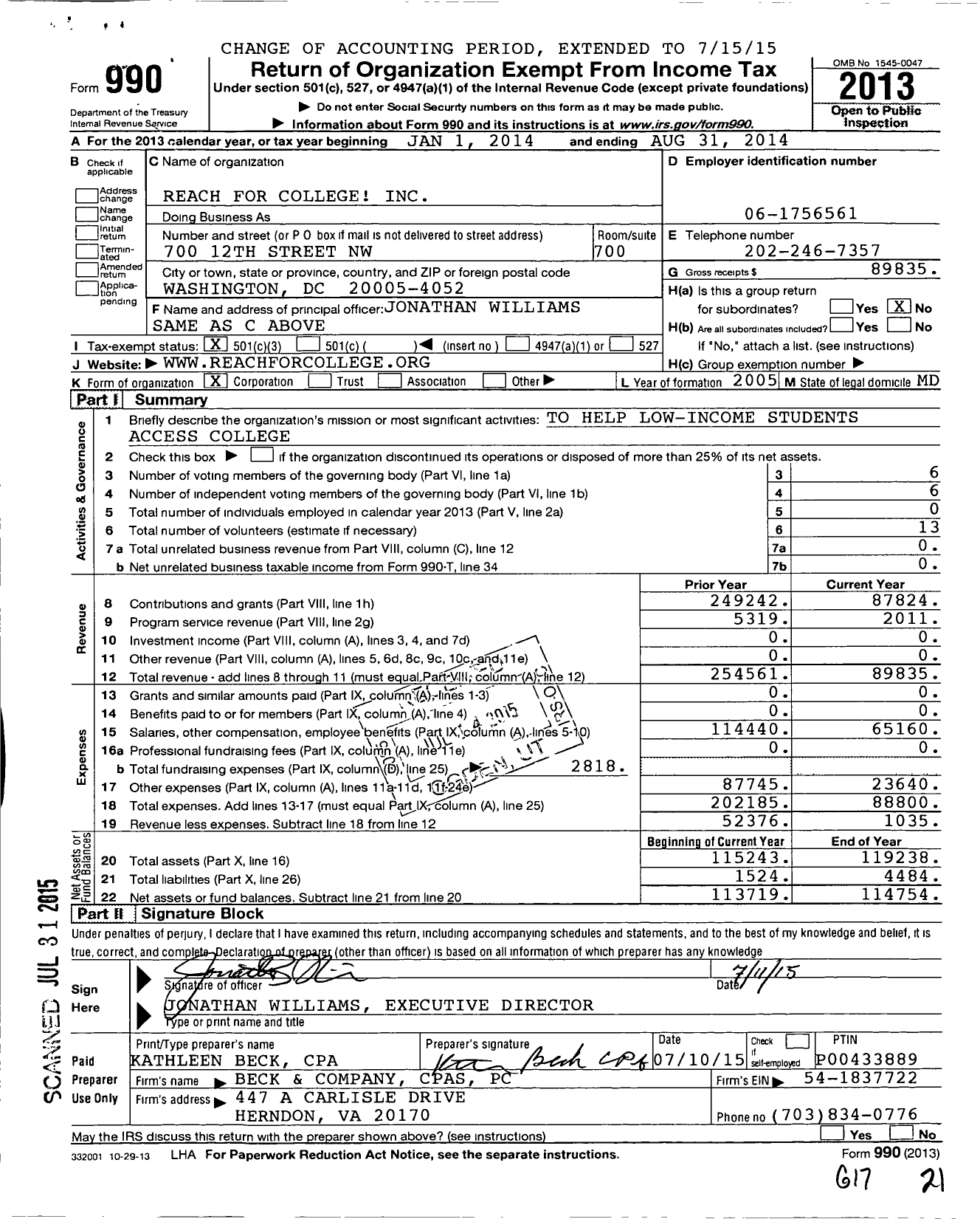 Image of first page of 2013 Form 990 for Reach for College