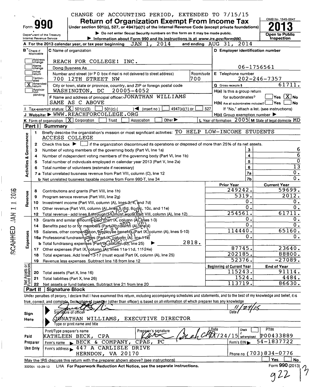 Image of first page of 2013 Form 990 for Reach for College