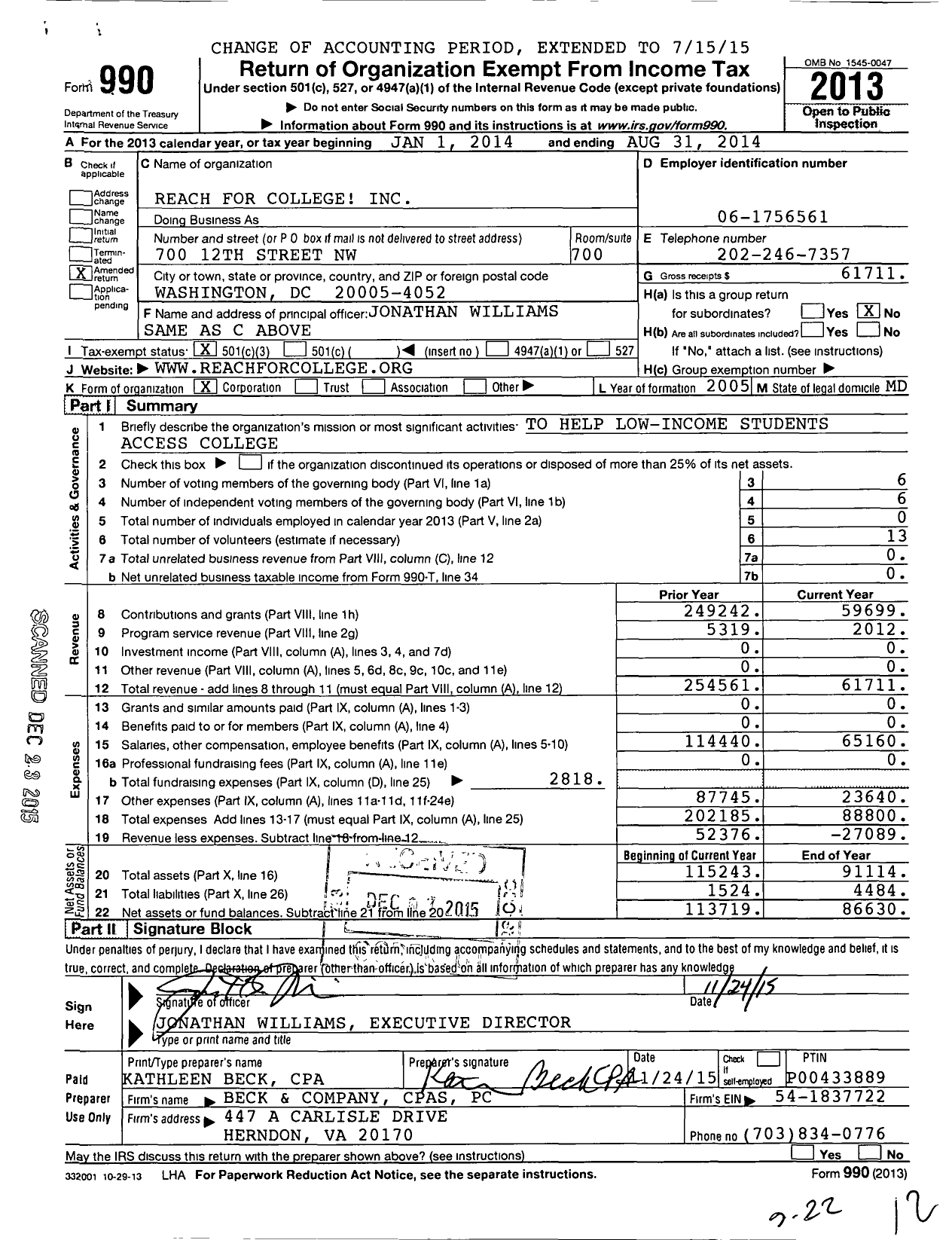 Image of first page of 2013 Form 990 for Reach for College