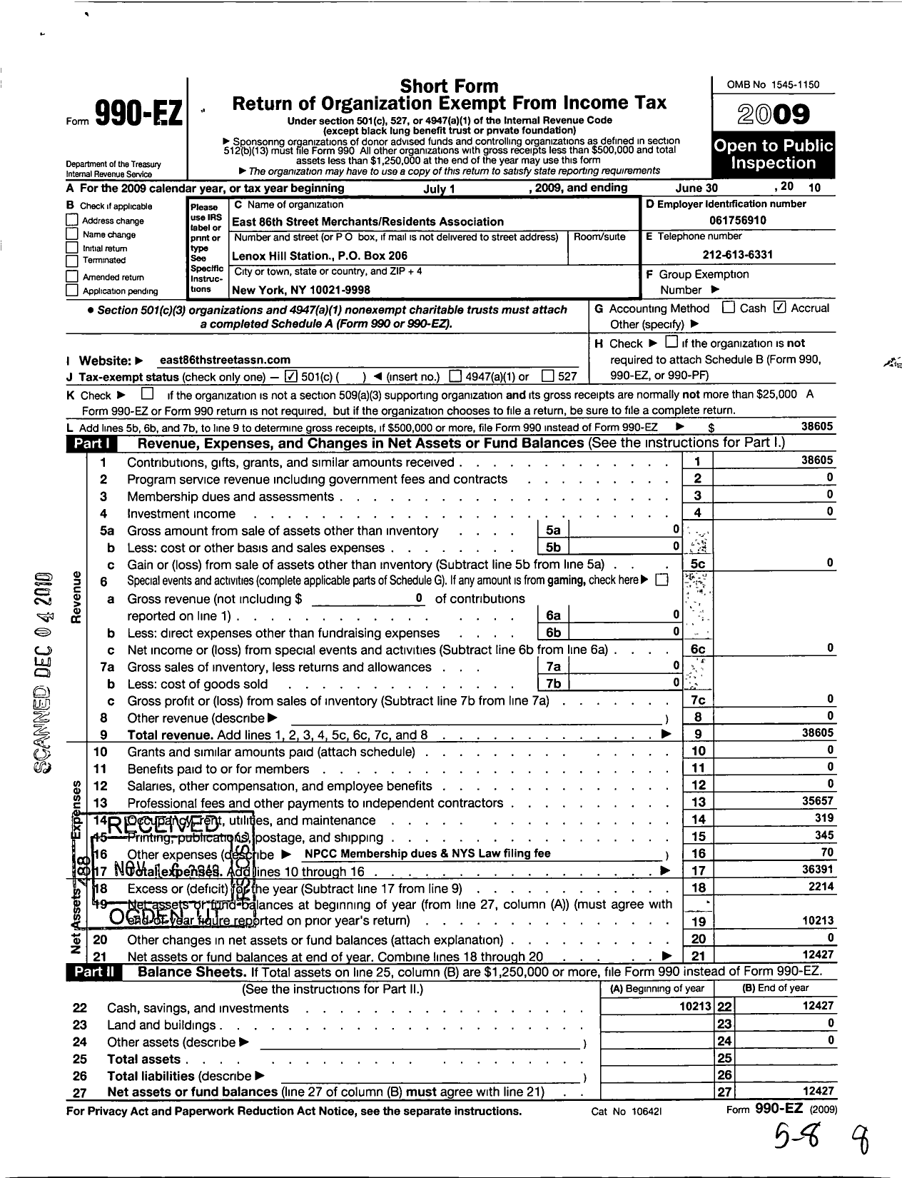 Image of first page of 2009 Form 990EO for East 86th Street Merchants Residents Association