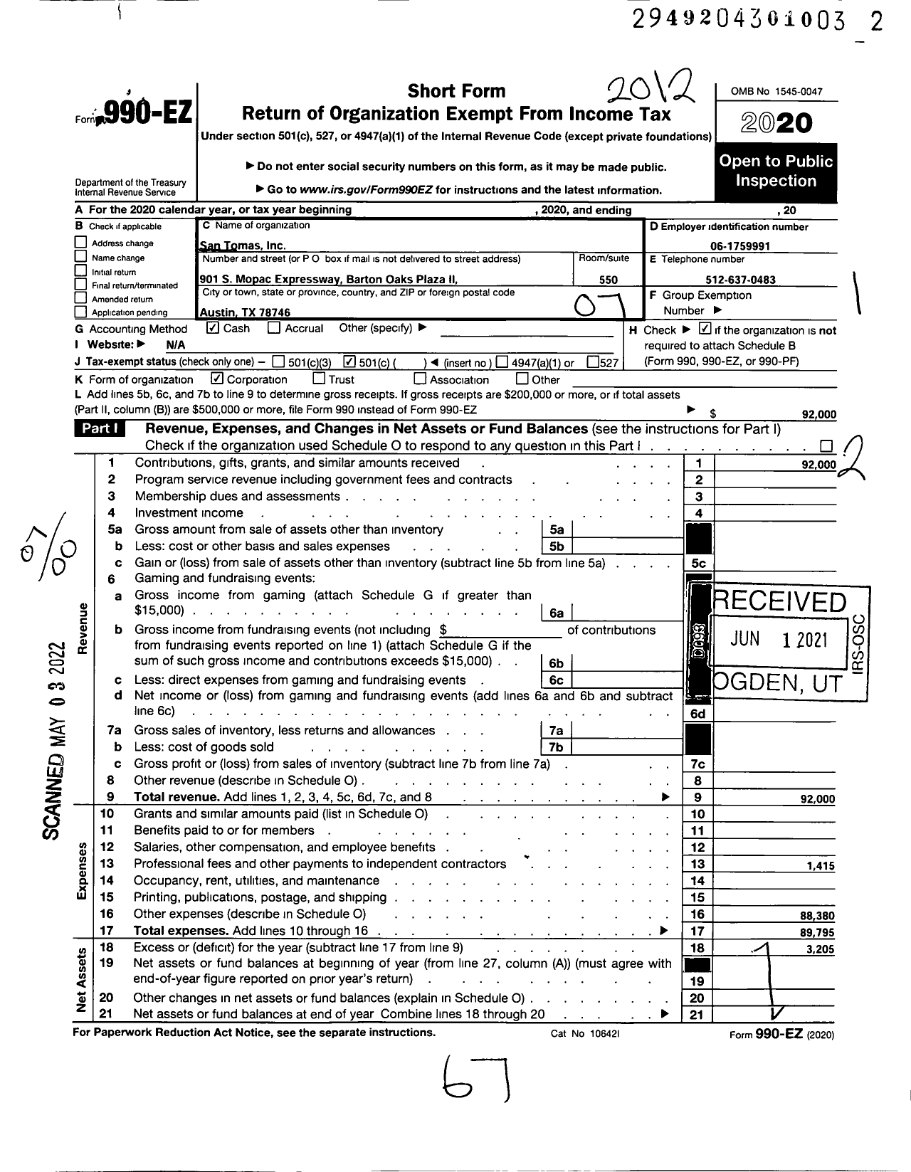 Image of first page of 2020 Form 990EO for San Tomas