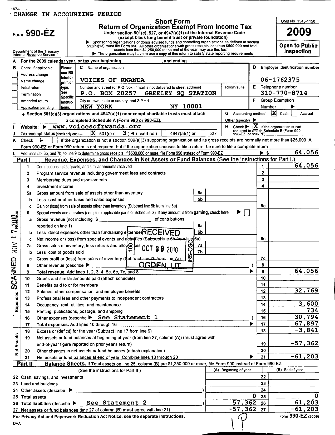 Image of first page of 2009 Form 990EZ for Voices of Rwanda