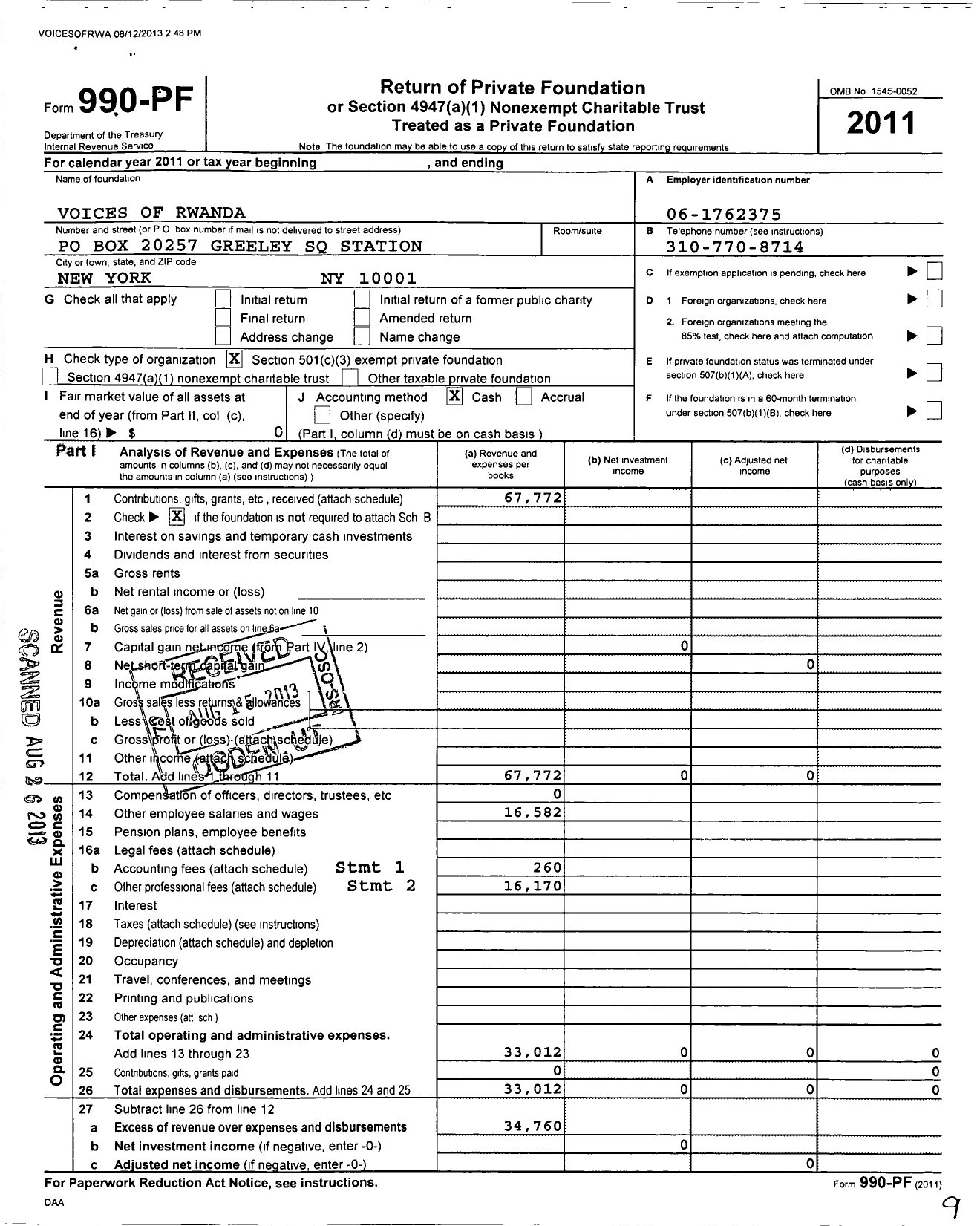 Image of first page of 2011 Form 990PF for Voices of Rwanda