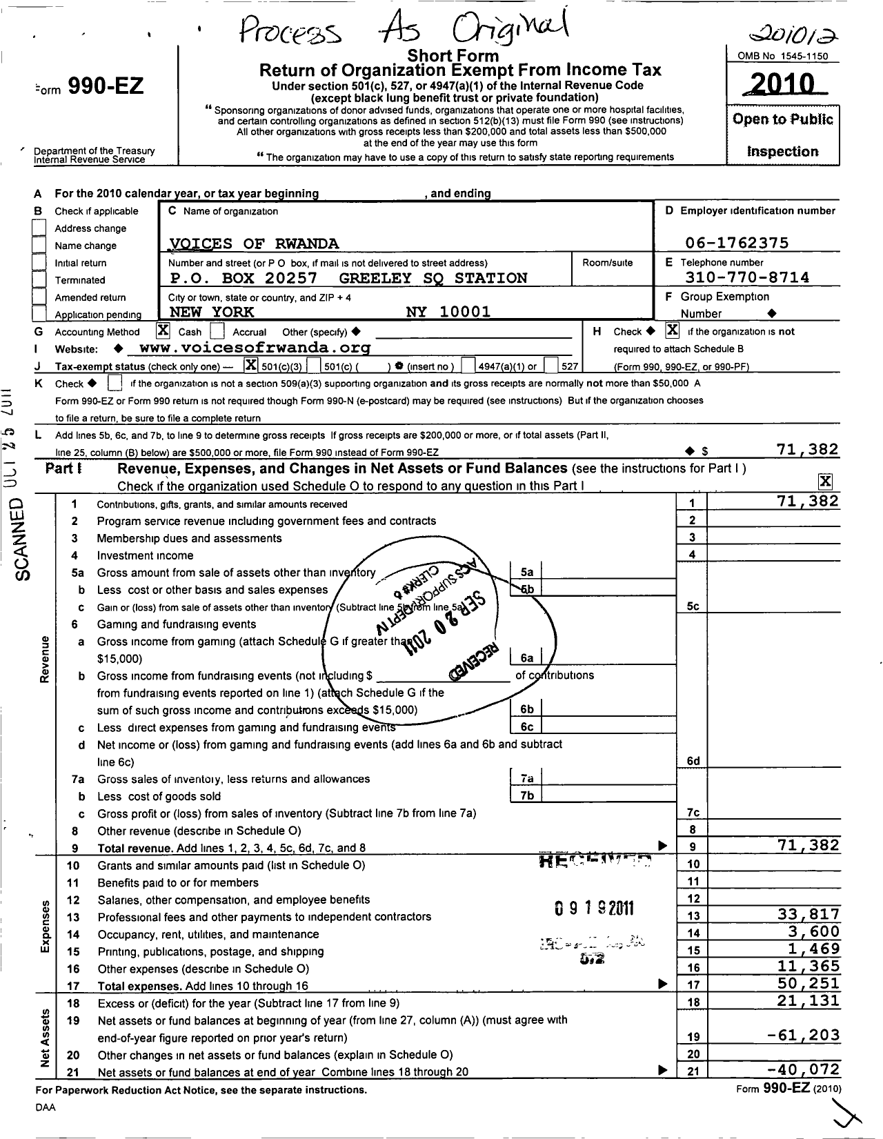 Image of first page of 2010 Form 990EZ for Voices of Rwanda