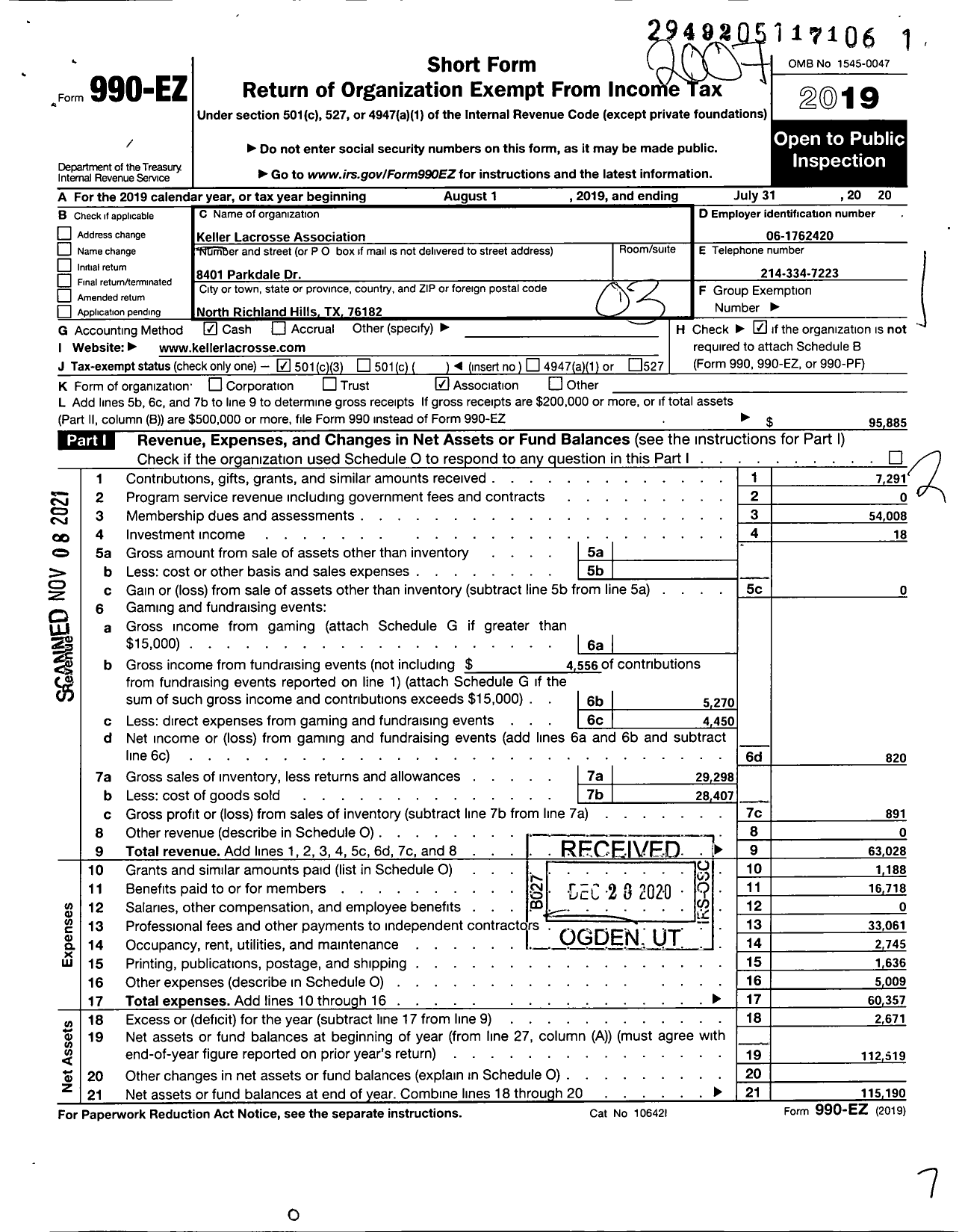 Image of first page of 2019 Form 990EZ for Keller Lacrosse Association