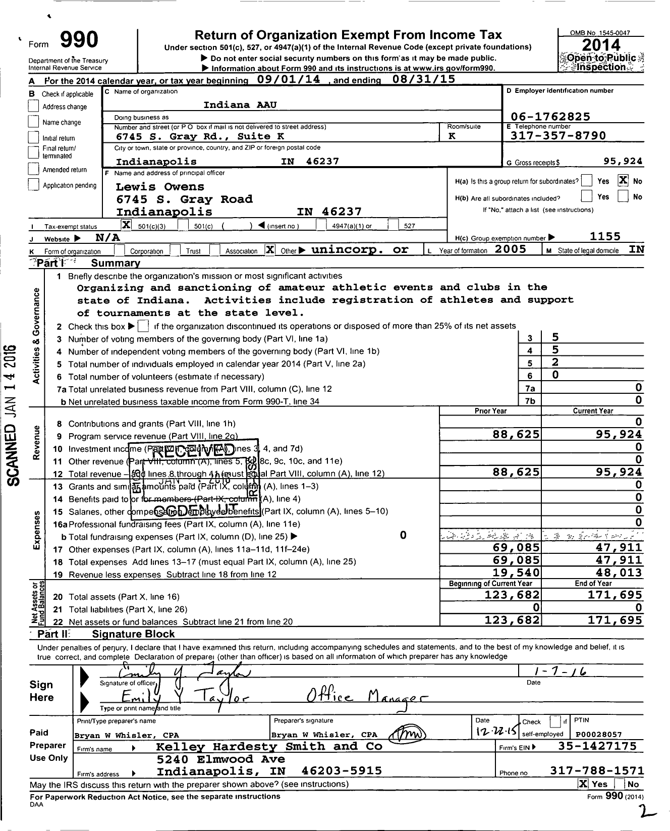 Image of first page of 2014 Form 990 for Amateur Athletic Union - Indiana AAU