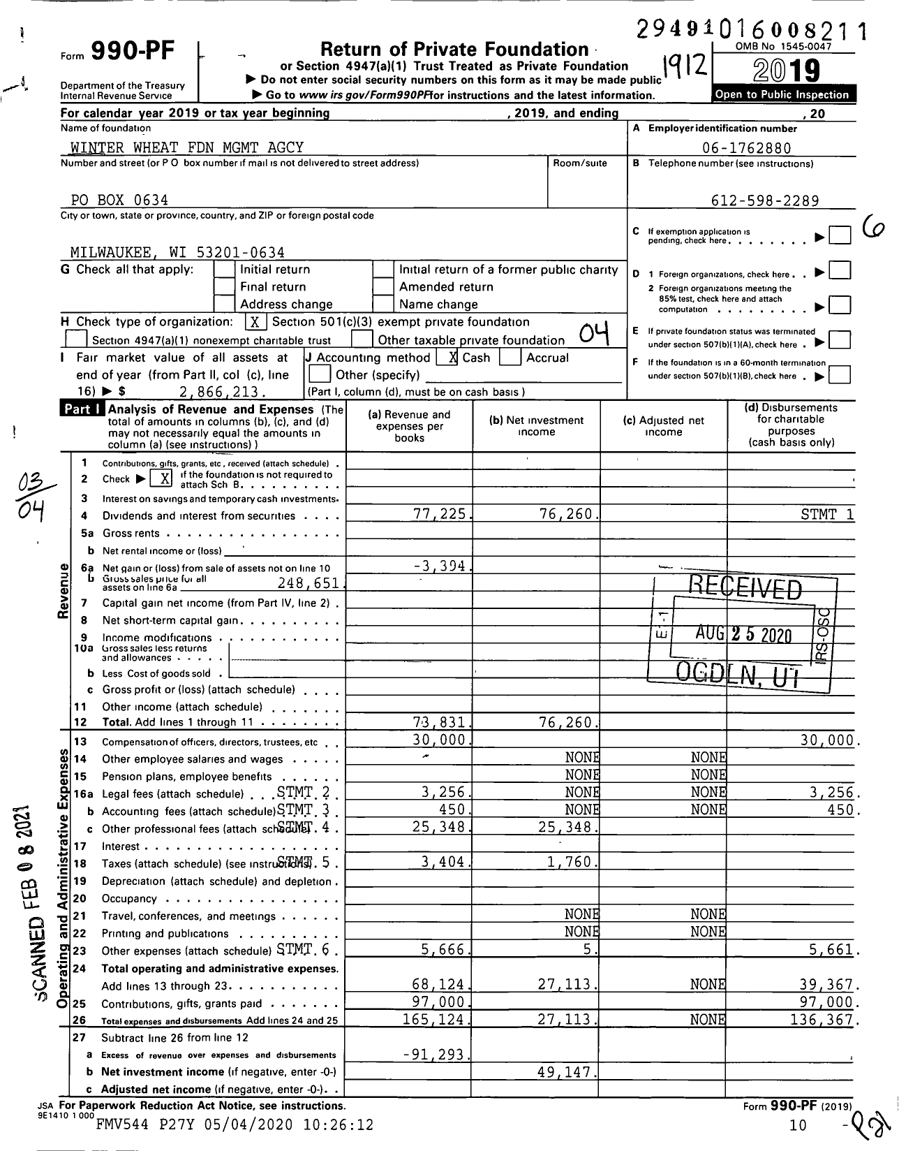 Image of first page of 2019 Form 990PF for Winter Wheat Foundation MGMT Agcy