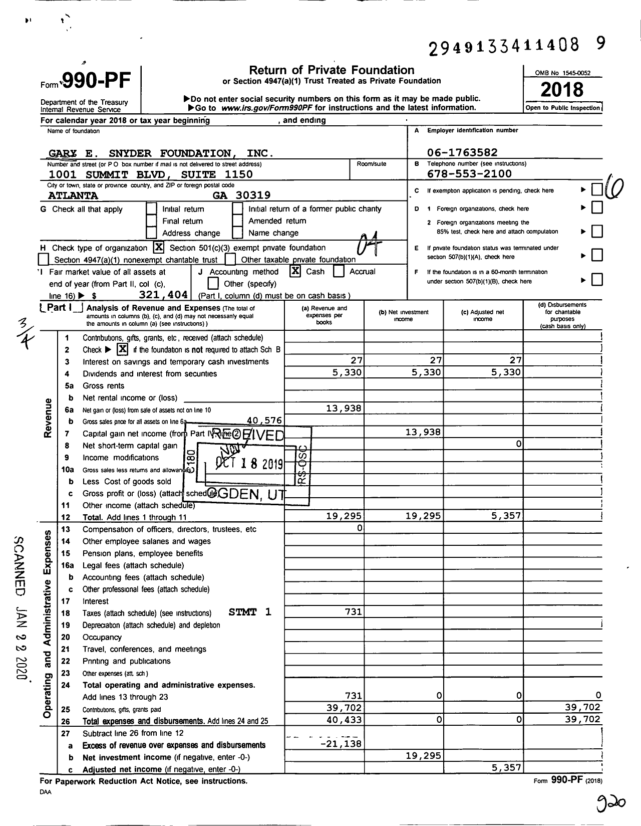 Image of first page of 2018 Form 990PF for Gary E Snyder Foundation