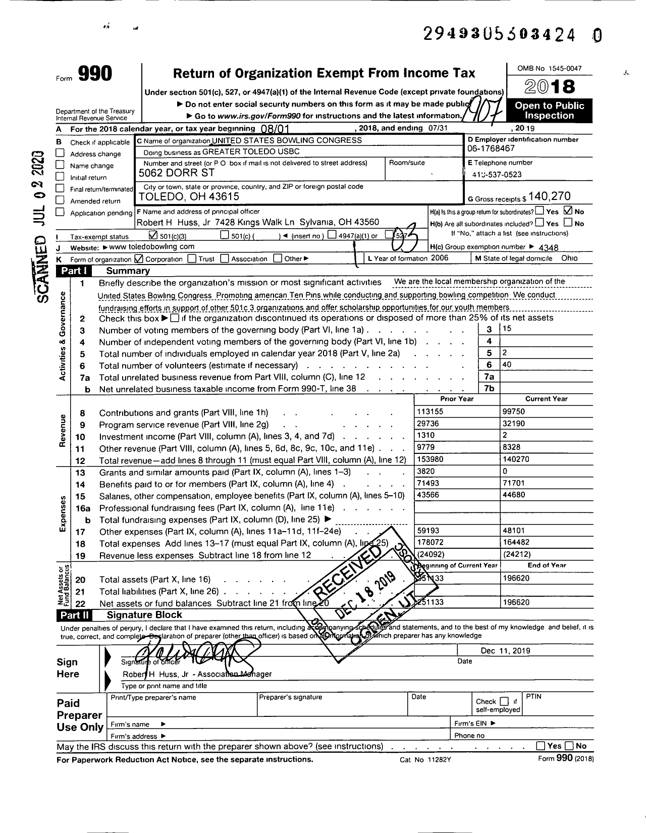 Image of first page of 2018 Form 990 for United States Bowling Congress - Greater Toledo Usbc Association