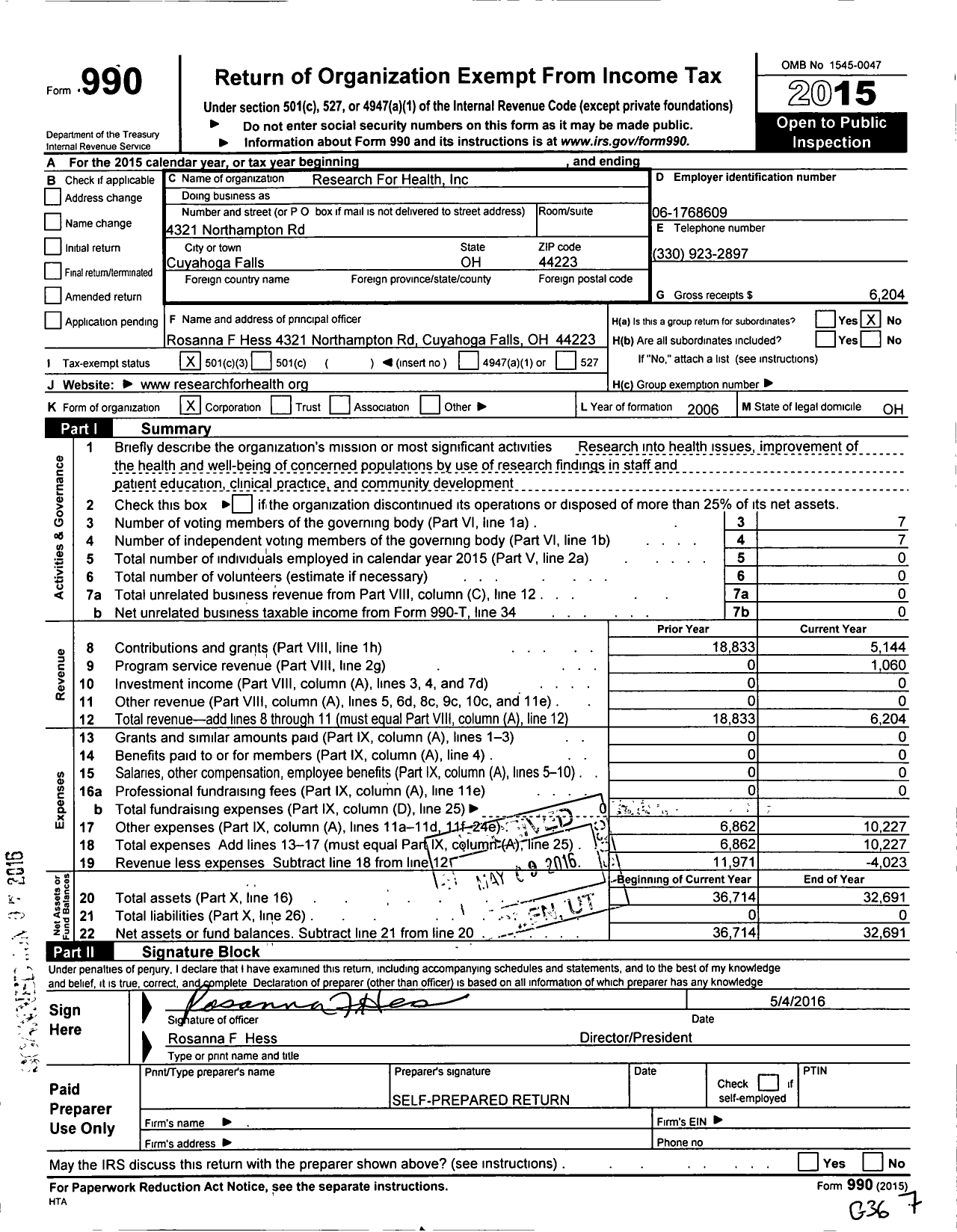 Image of first page of 2015 Form 990 for Research for Health