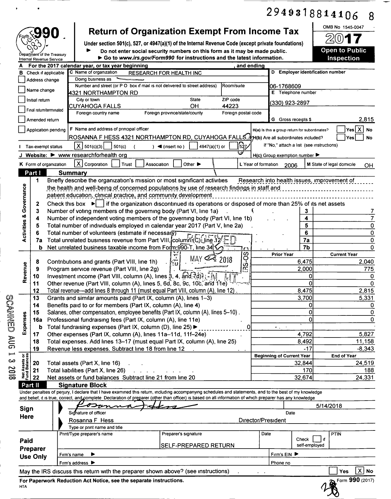 Image of first page of 2017 Form 990 for Research for Health