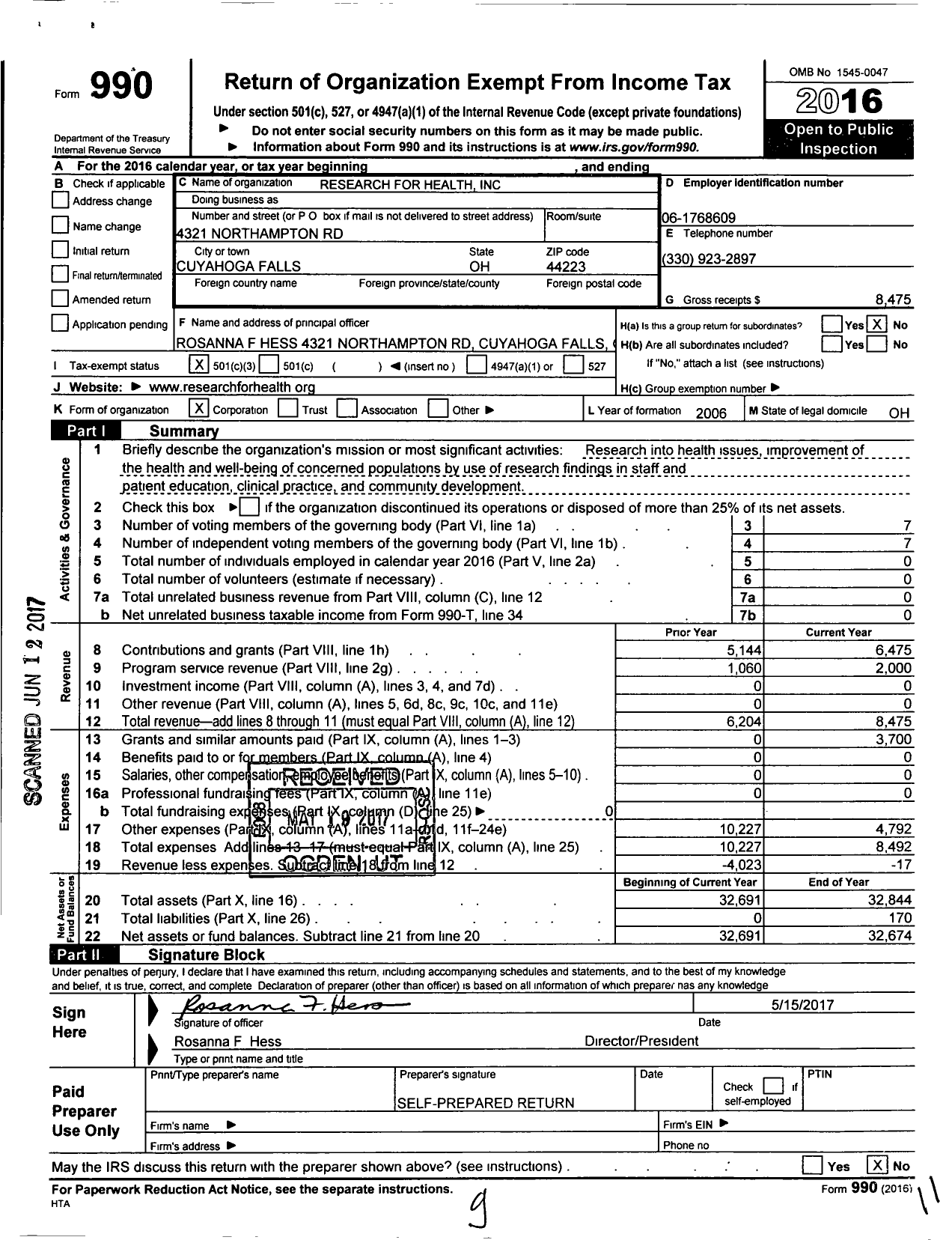 Image of first page of 2016 Form 990 for Research for Health