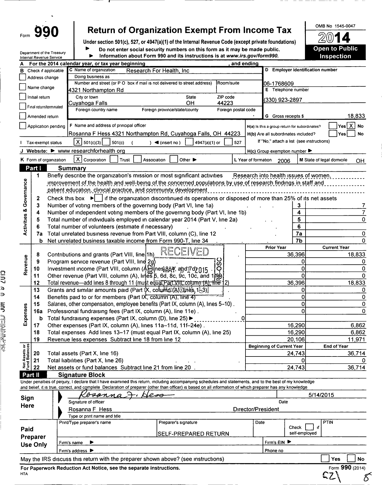 Image of first page of 2014 Form 990 for Research for Health