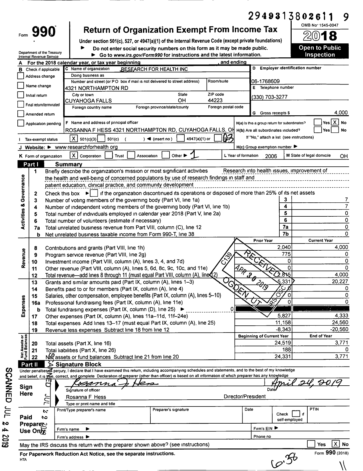 Image of first page of 2018 Form 990 for Research for Health