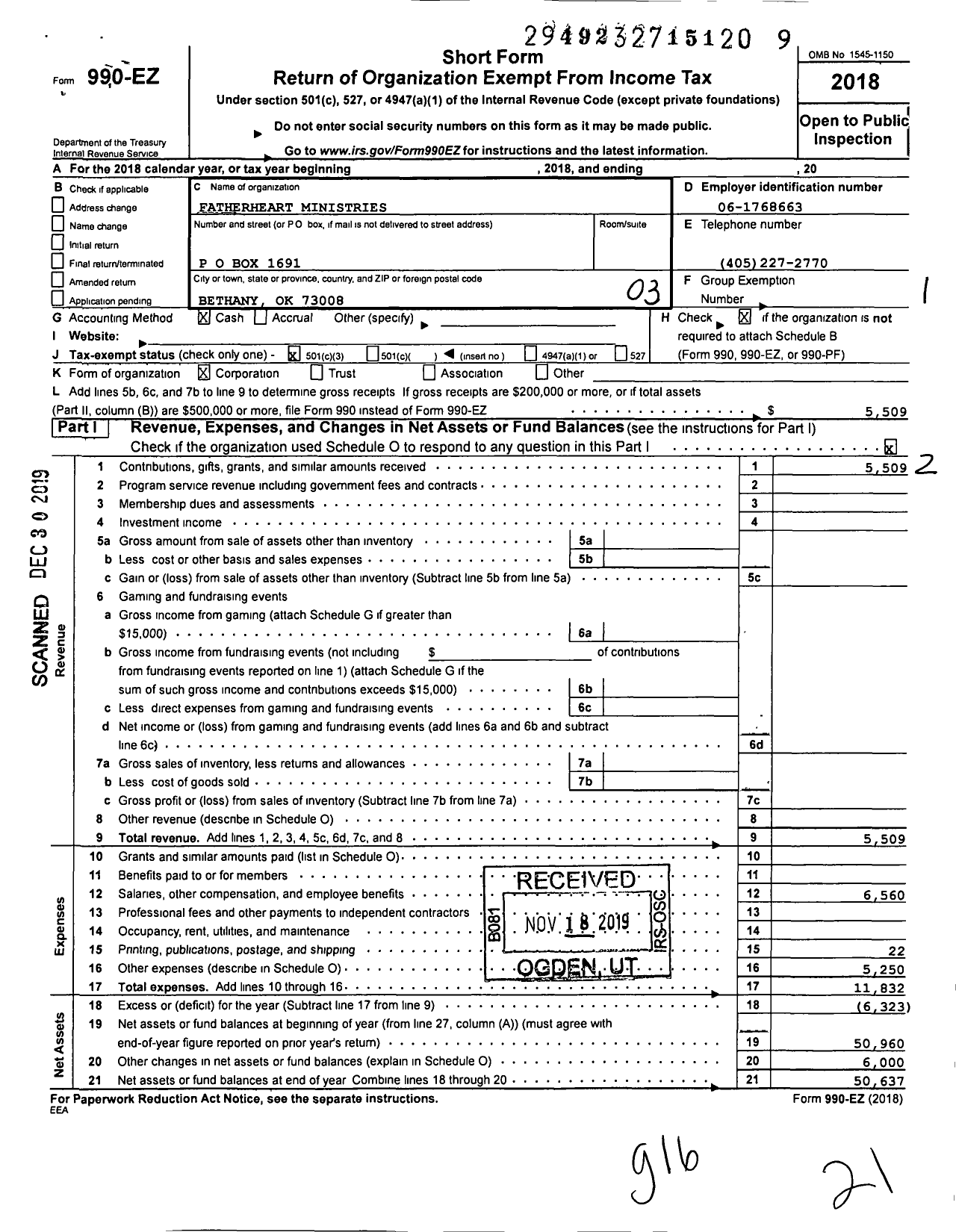 Image of first page of 2018 Form 990EZ for Fatherheart Ministries