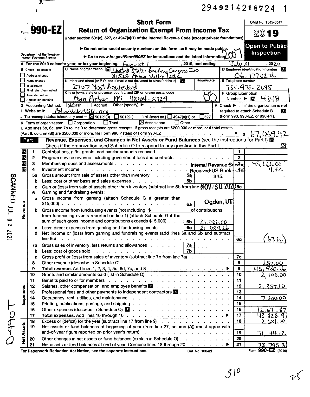 Image of first page of 2019 Form 990EZ for UNITED STATES BOWLING CONGRESS - 81528 Arbor Valley USBC