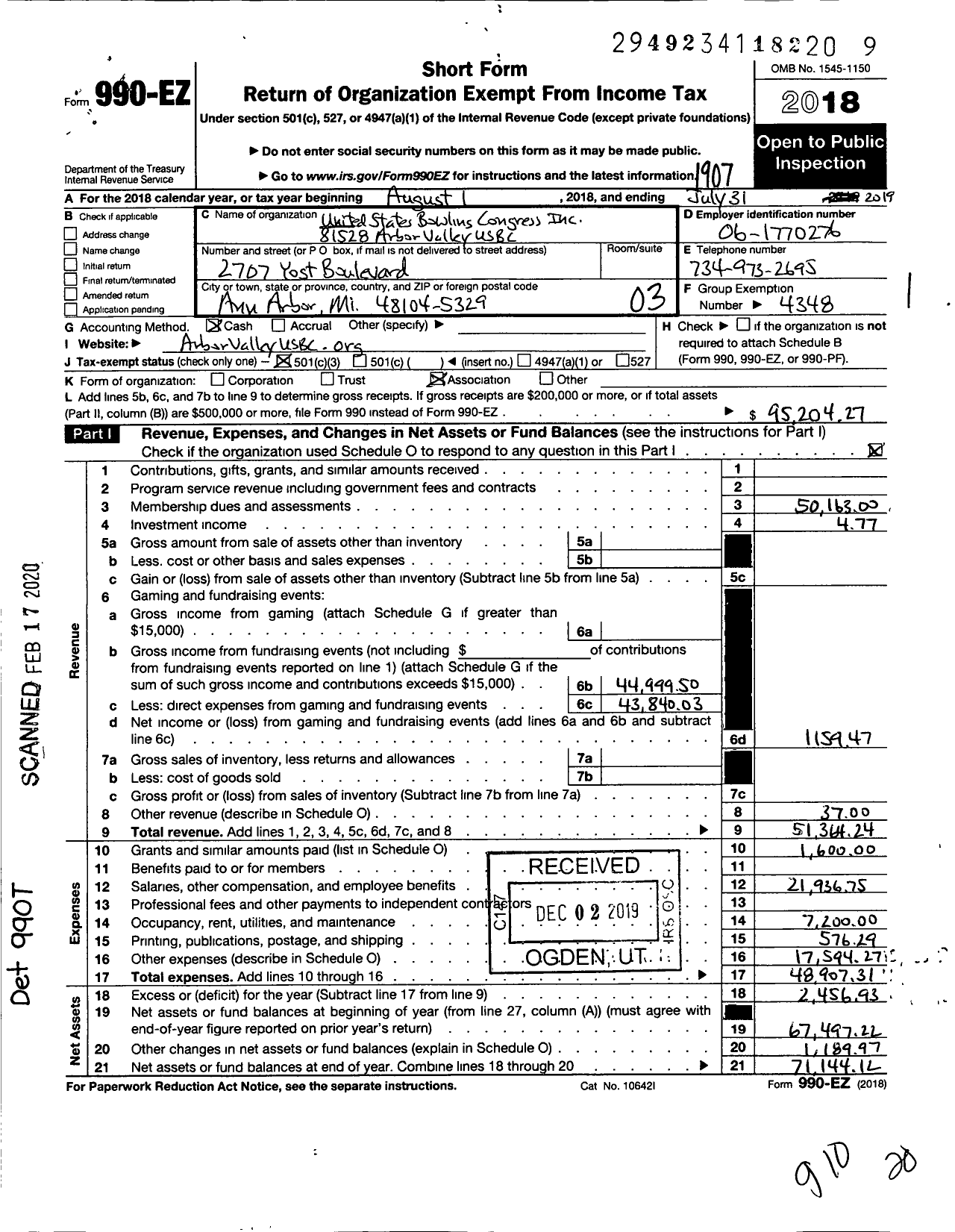 Image of first page of 2018 Form 990EZ for UNITED STATES BOWLING CONGRESS - 81528 Arbor Valley USBC