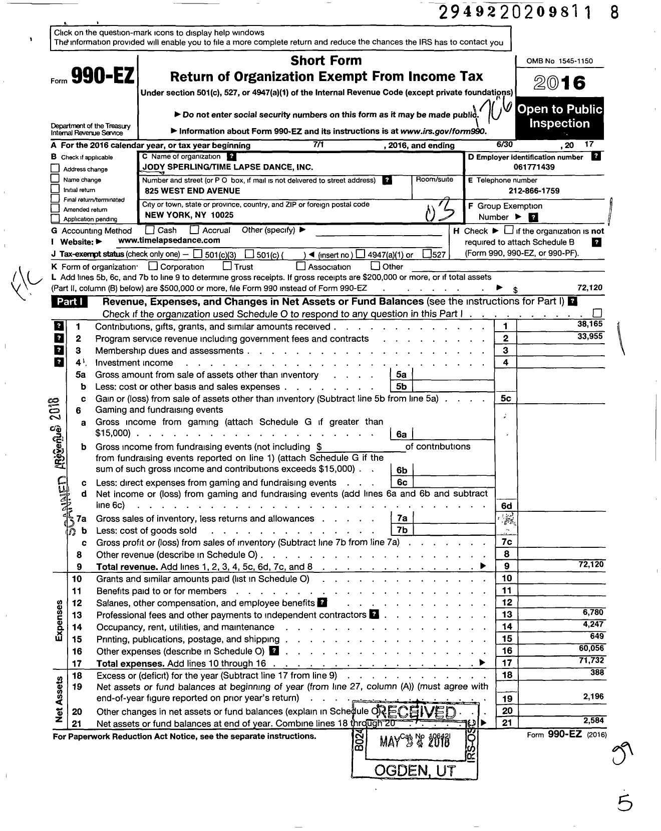 Image of first page of 2016 Form 990EZ for Jody Sperlingtime Lapse Dance