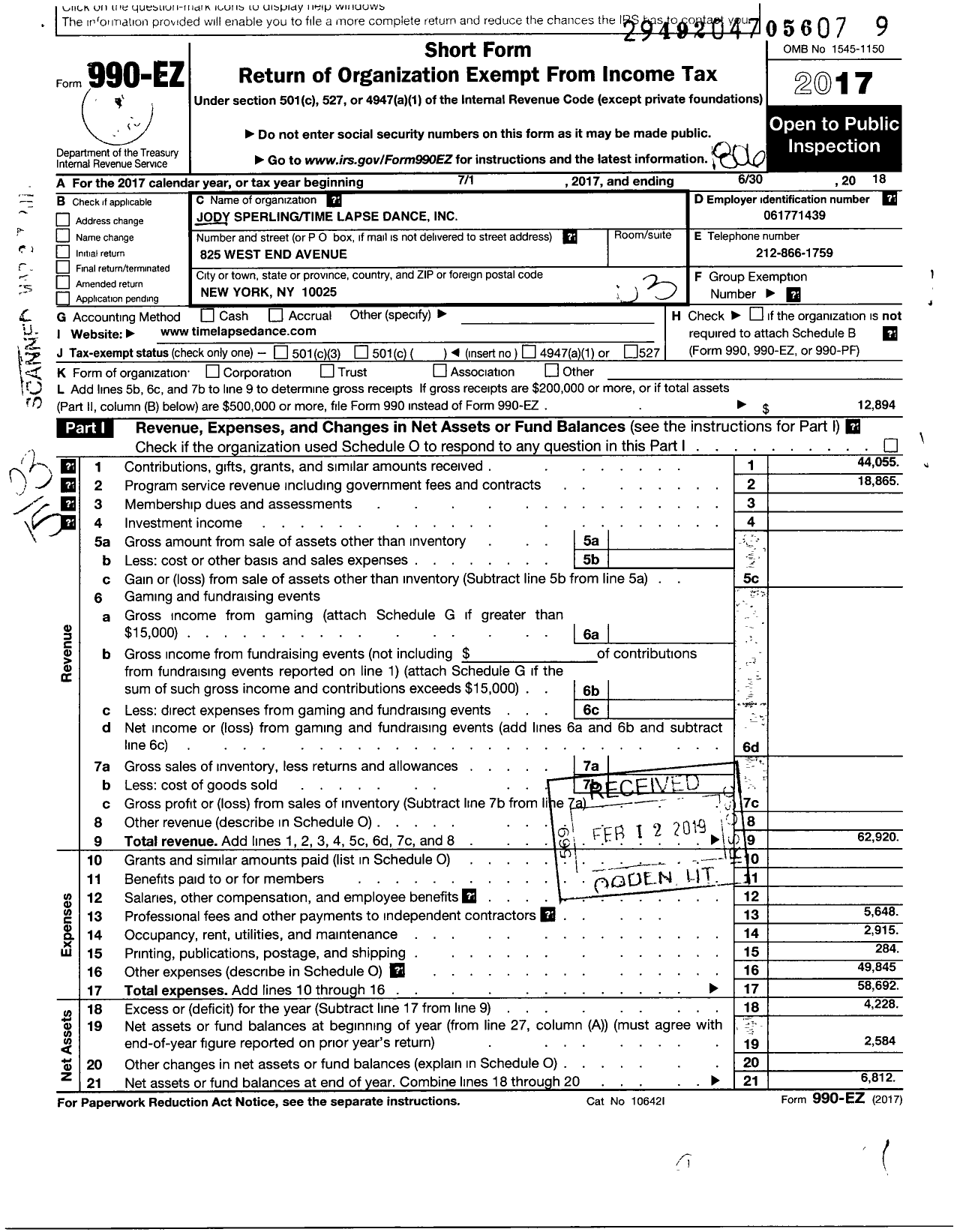 Image of first page of 2017 Form 990EZ for Jody Sperlingtime Lapse Dance