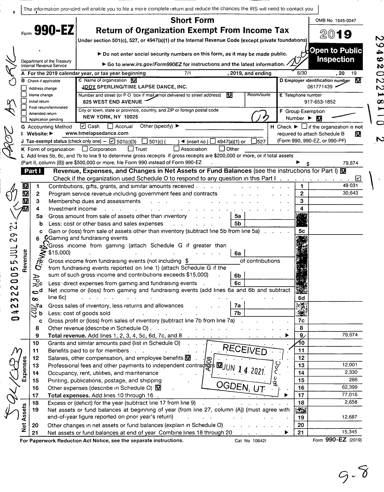 Image of first page of 2019 Form 990EZ for Jody Sperlingtime Lapse Dance