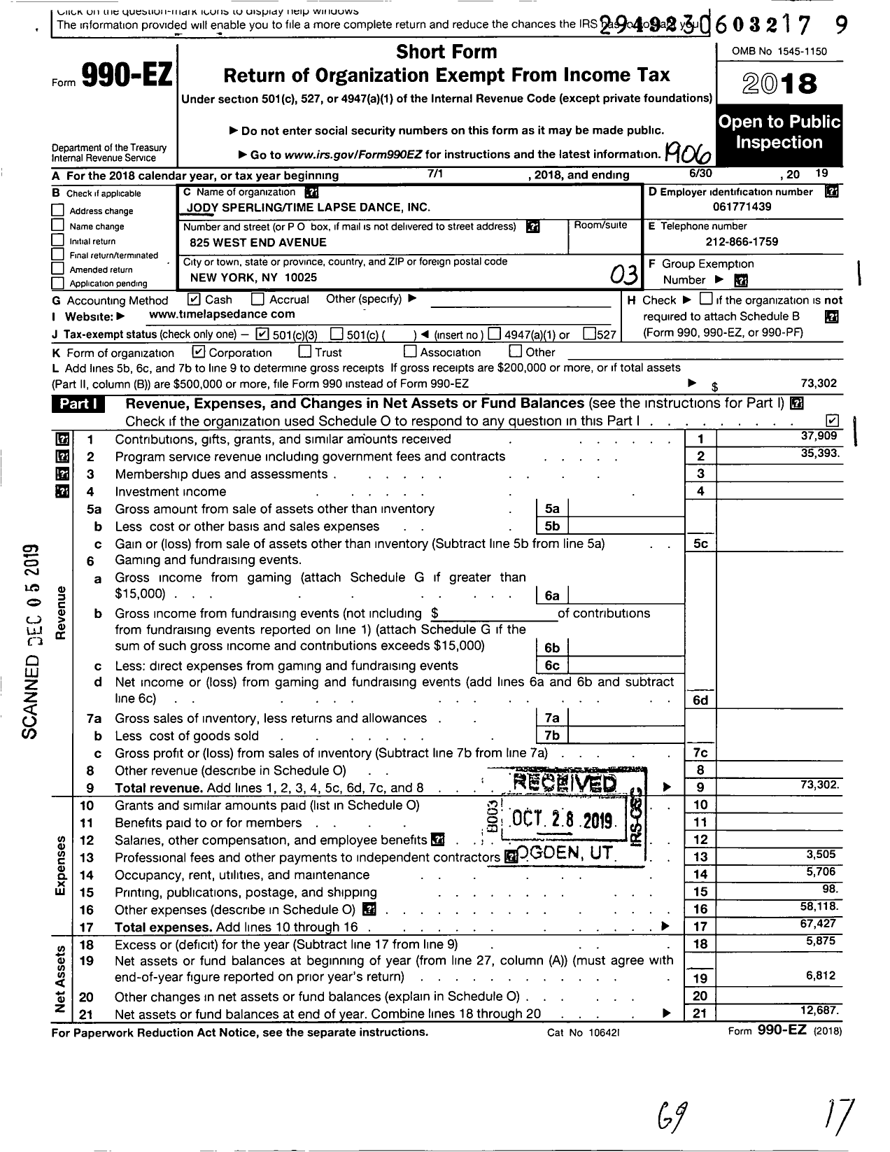 Image of first page of 2018 Form 990EZ for Jody Sperlingtime Lapse Dance