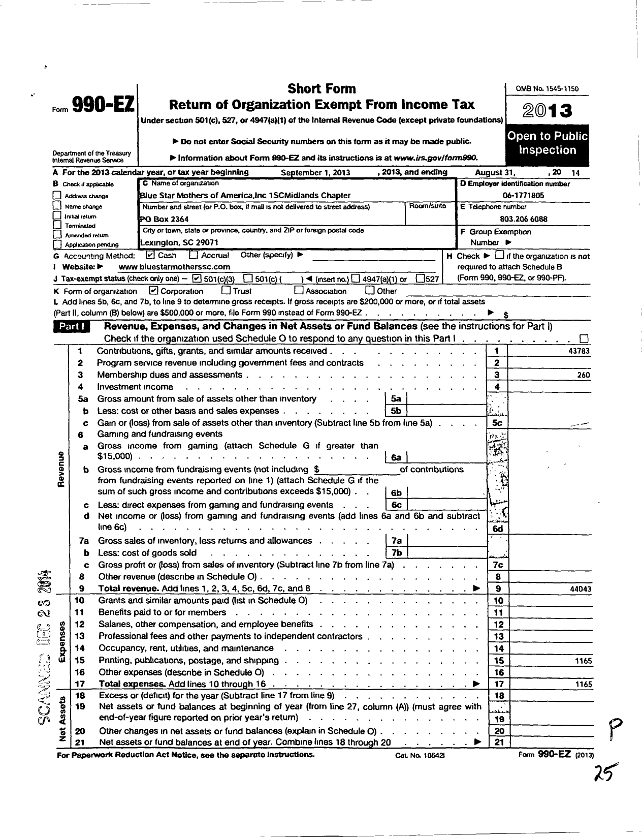 Image of first page of 2013 Form 990EZ for Blue Star Mothers of America / 1sc Midlands Chapter