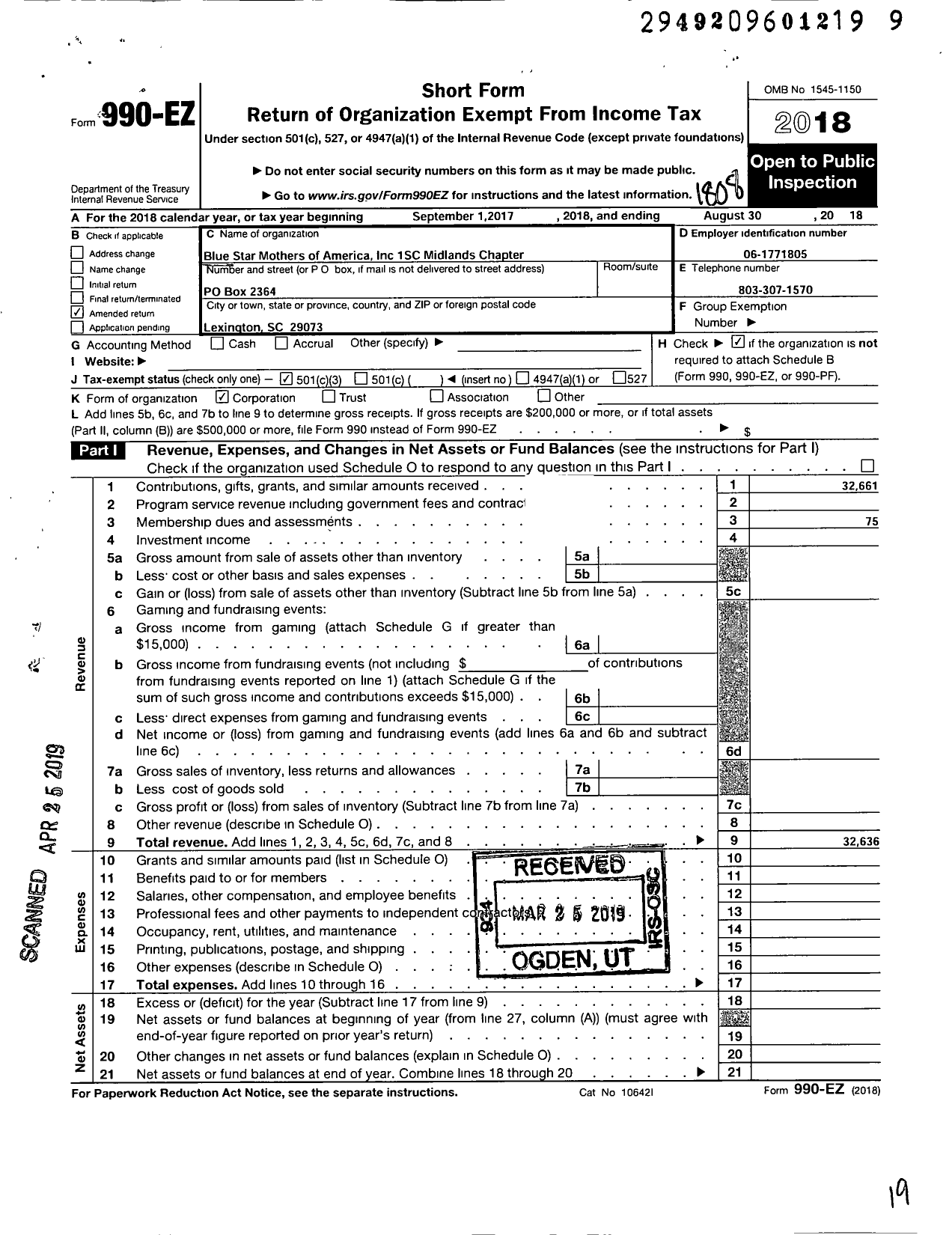 Image of first page of 2017 Form 990EZ for Blue Star Mothers of America / 1sc Midlands Chapter