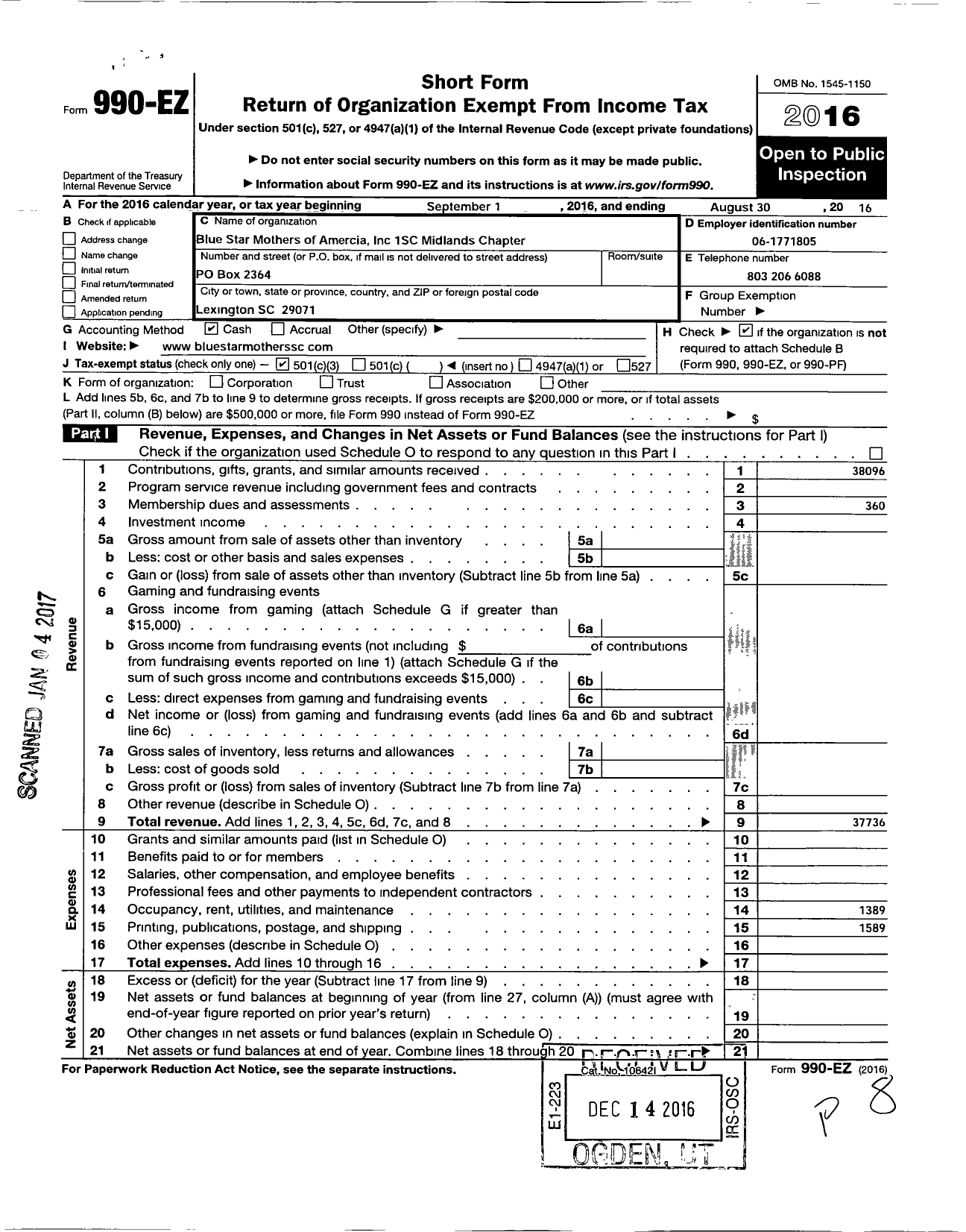 Image of first page of 2015 Form 990EZ for Blue Star Mothers of America / 1sc Midlands Chapter