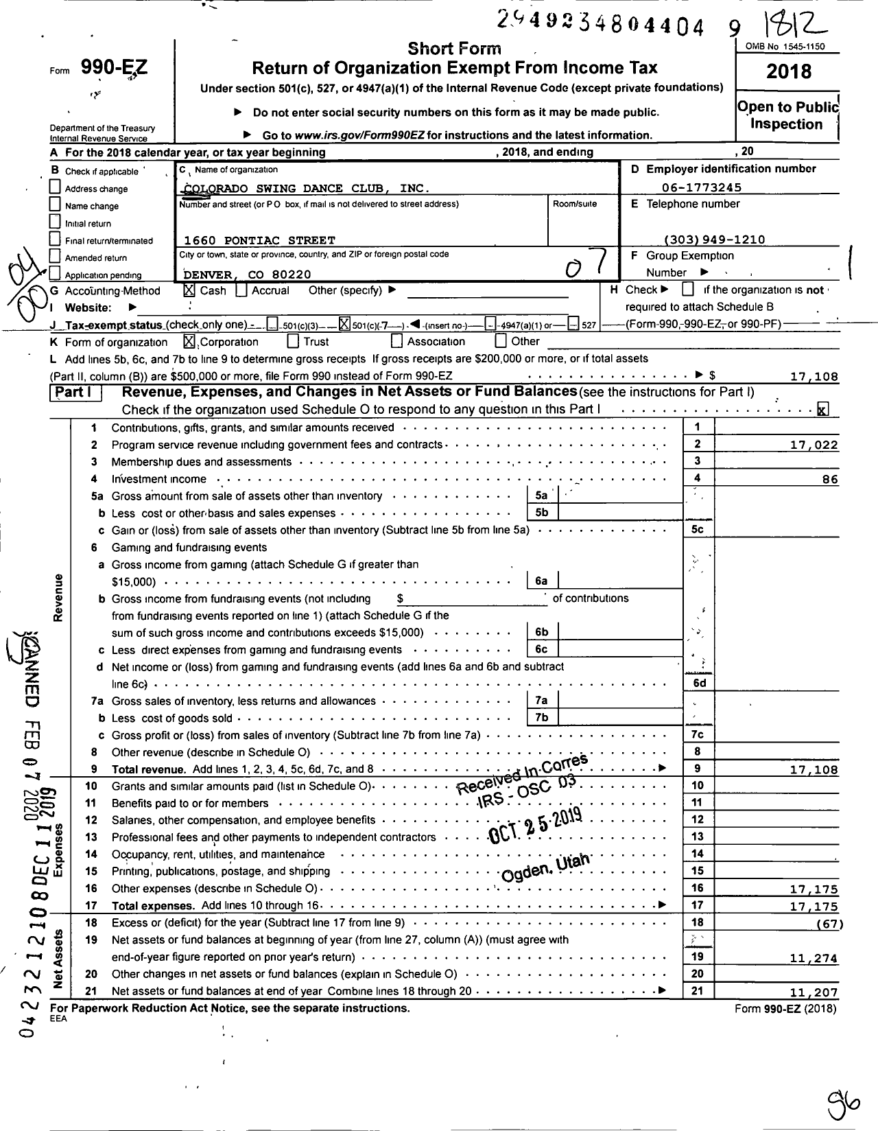 Image of first page of 2018 Form 990EO for Colorado Swing Dance Club