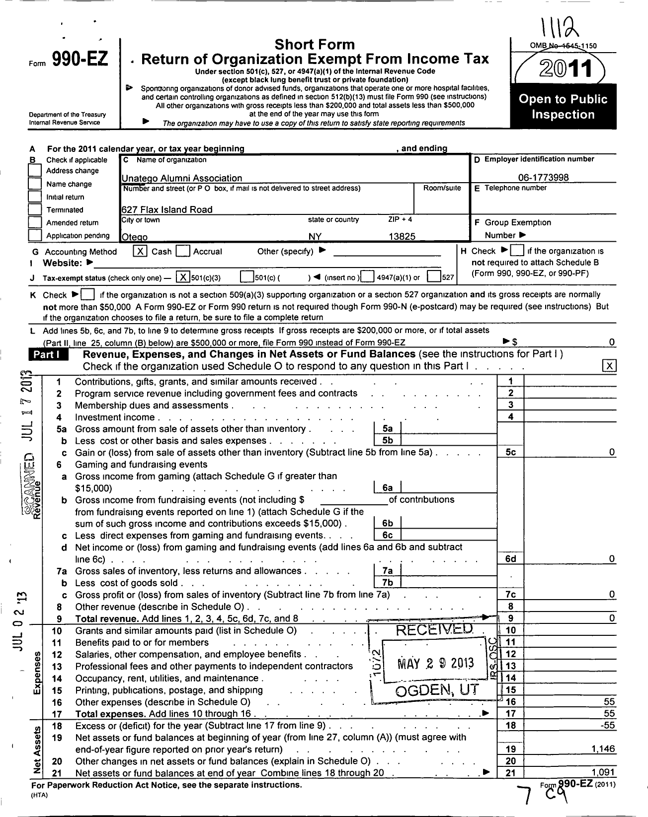 Image of first page of 2011 Form 990EZ for Unatego Alumni Association