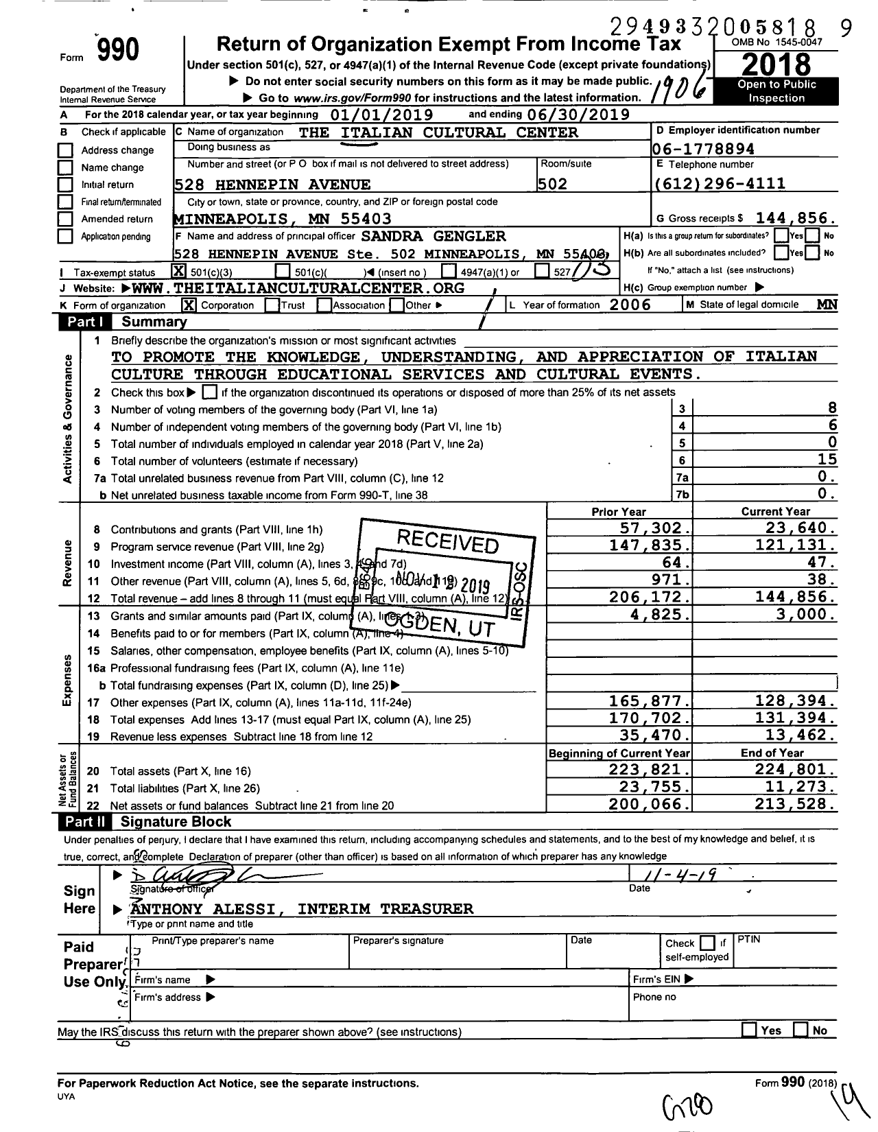 Image of first page of 2018 Form 990 for Italian Cultural Center