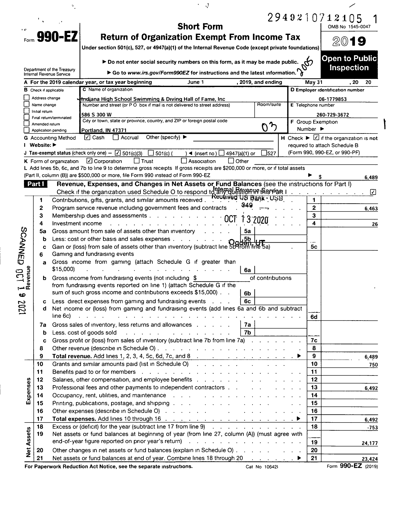 Image of first page of 2019 Form 990EZ for Indiana High School Swimming and Diving Hall of Fame