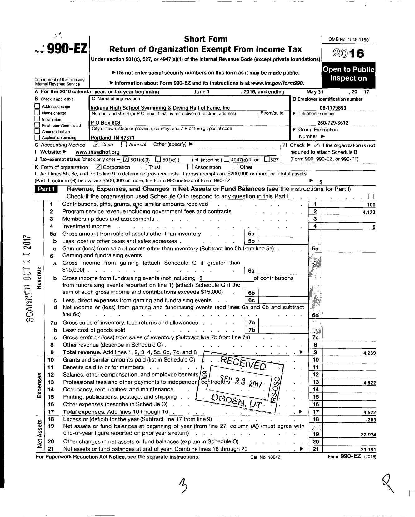 Image of first page of 2016 Form 990EZ for Indiana High School Swimming and Diving Hall of Fame