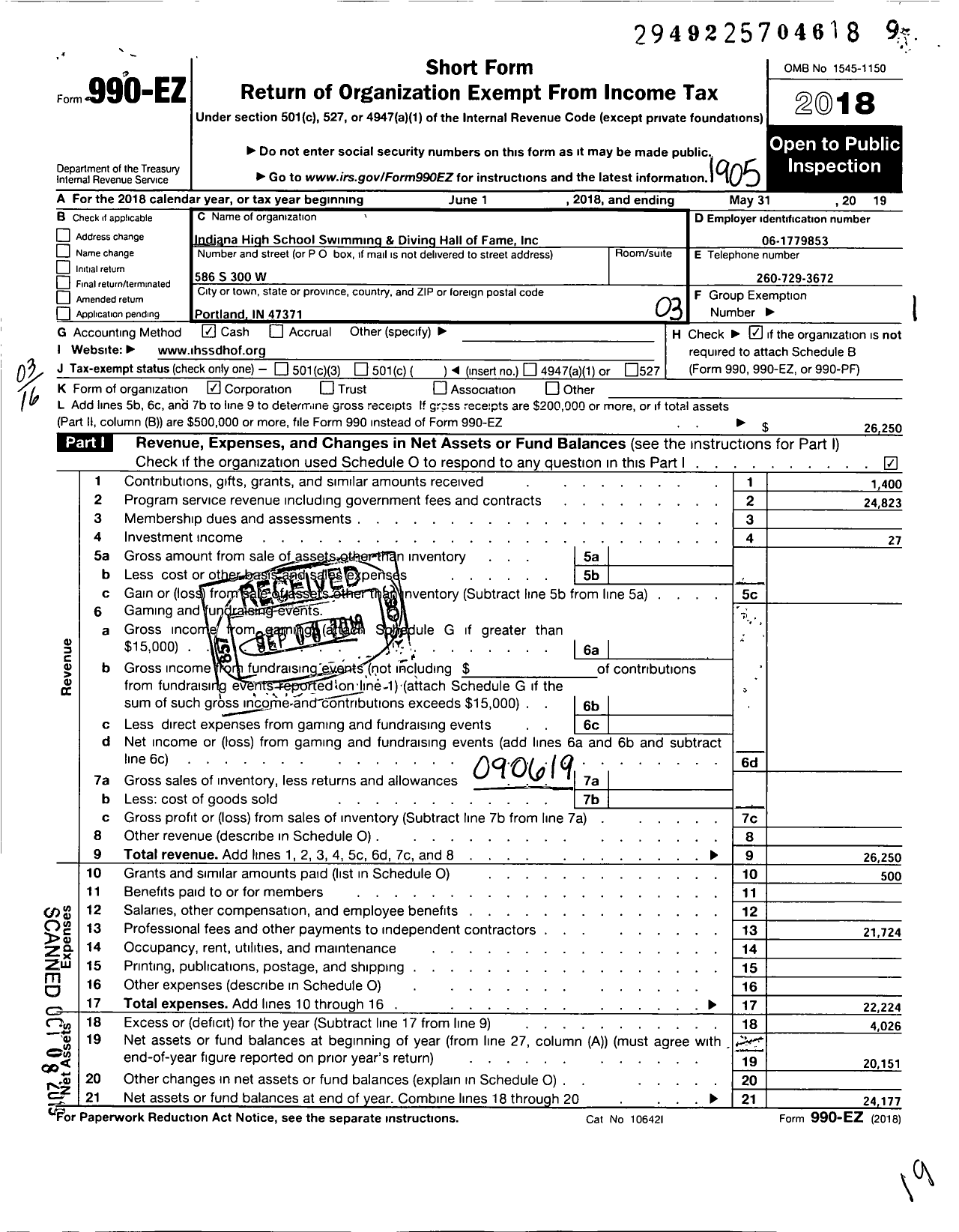 Image of first page of 2018 Form 990EZ for Indiana High School Swimming and Diving Hall of Fame