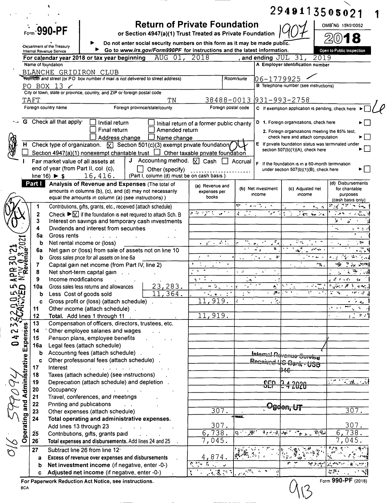 Image of first page of 2018 Form 990PF for Blanche Gridiron Club